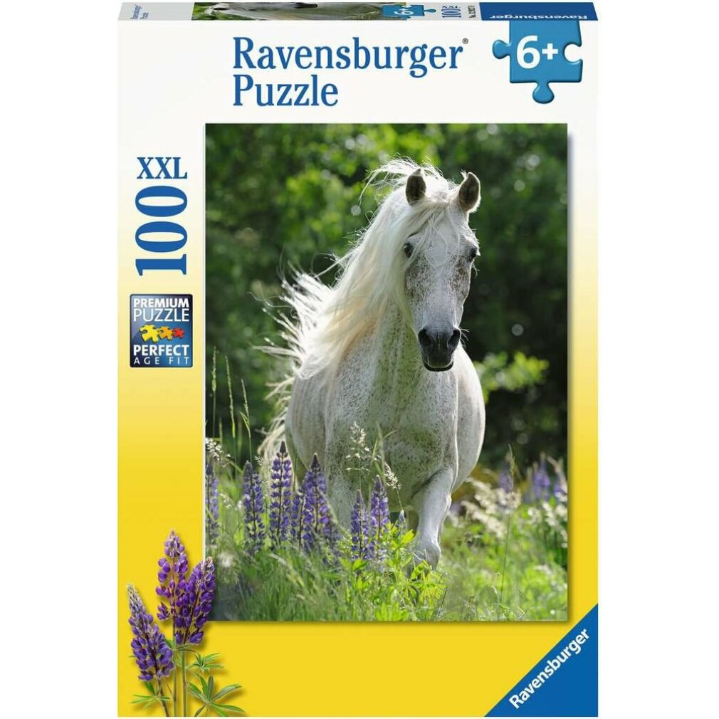 Puzzledose mit weißem Pferd, das durch ein Blumenfeld läuft. Die Schachtel zeigt 'Ravensburger Puzzle' und '100 XXL'.