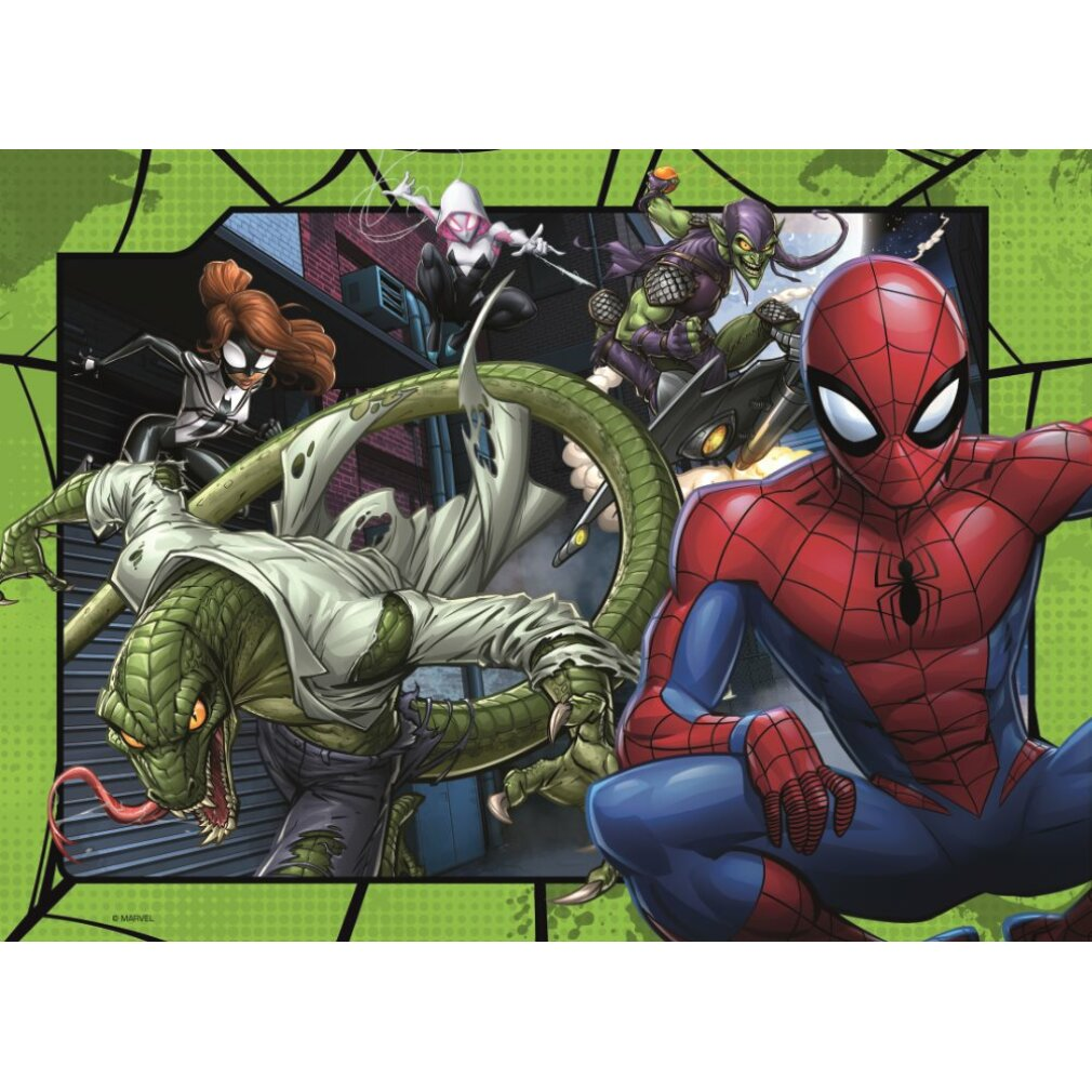 Comic-Buch-Illustration mit Spider-Man, Lizard, Spider-Gwen und Green Goblin in Aktion vor einem Stadt-Hintergrund.