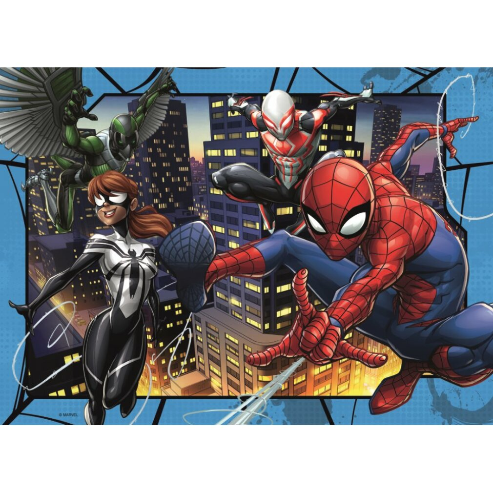 Comic-Kunst von Spider-Man und anderen Spider-Verse-Charakteren. Sie stehen vor einer Skyline mit Gebäuden.