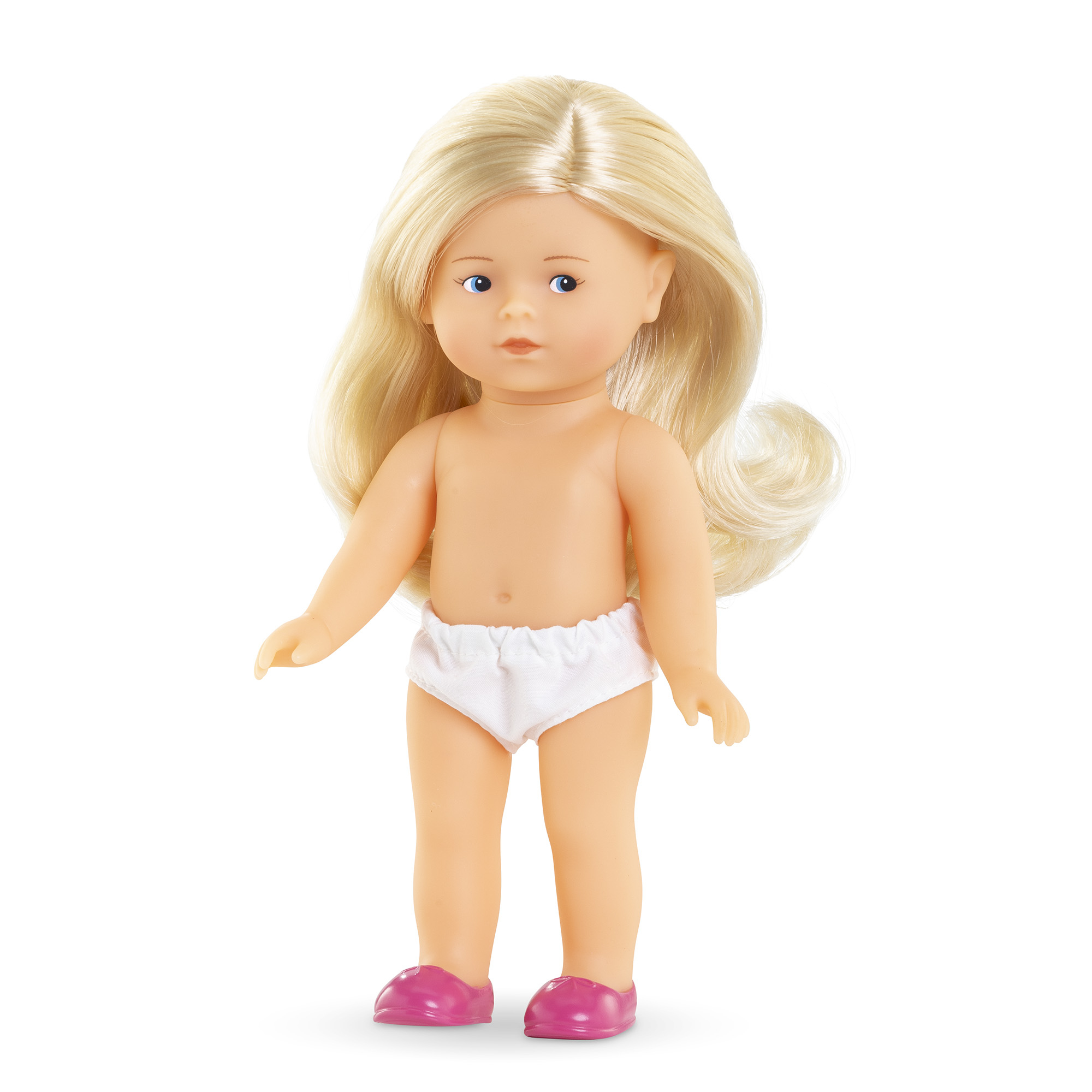 Eine Puppe mit blonden Haaren, blauen Augen und rosa Schuhen. Sie trägt weiße Unterwäsche. Der Hintergrund ist weiß.