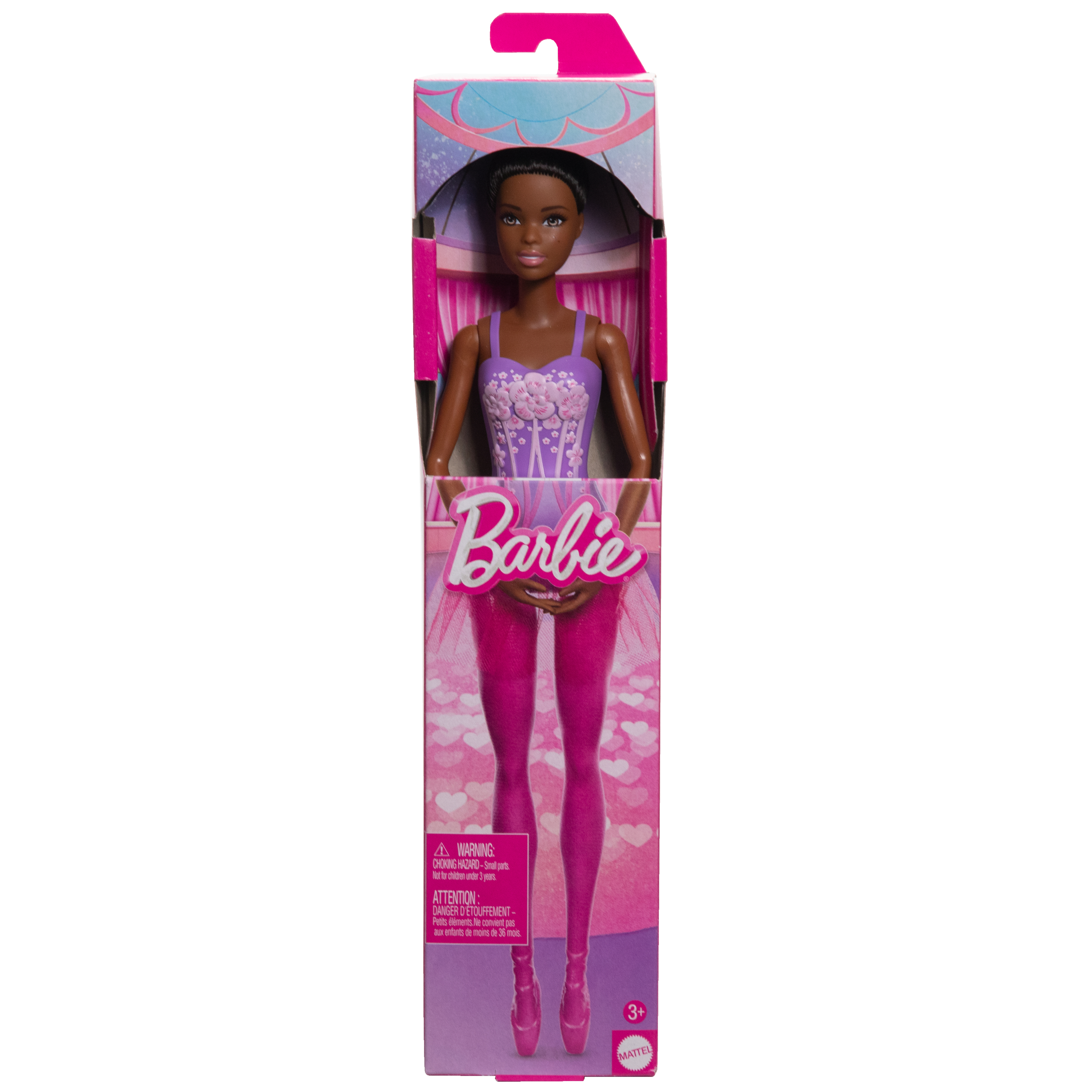 Lalka Barbie w pudełku. Ma ciemne włosy i nosi fioletową sukienkę z różowymi rajstopami i baletkami.