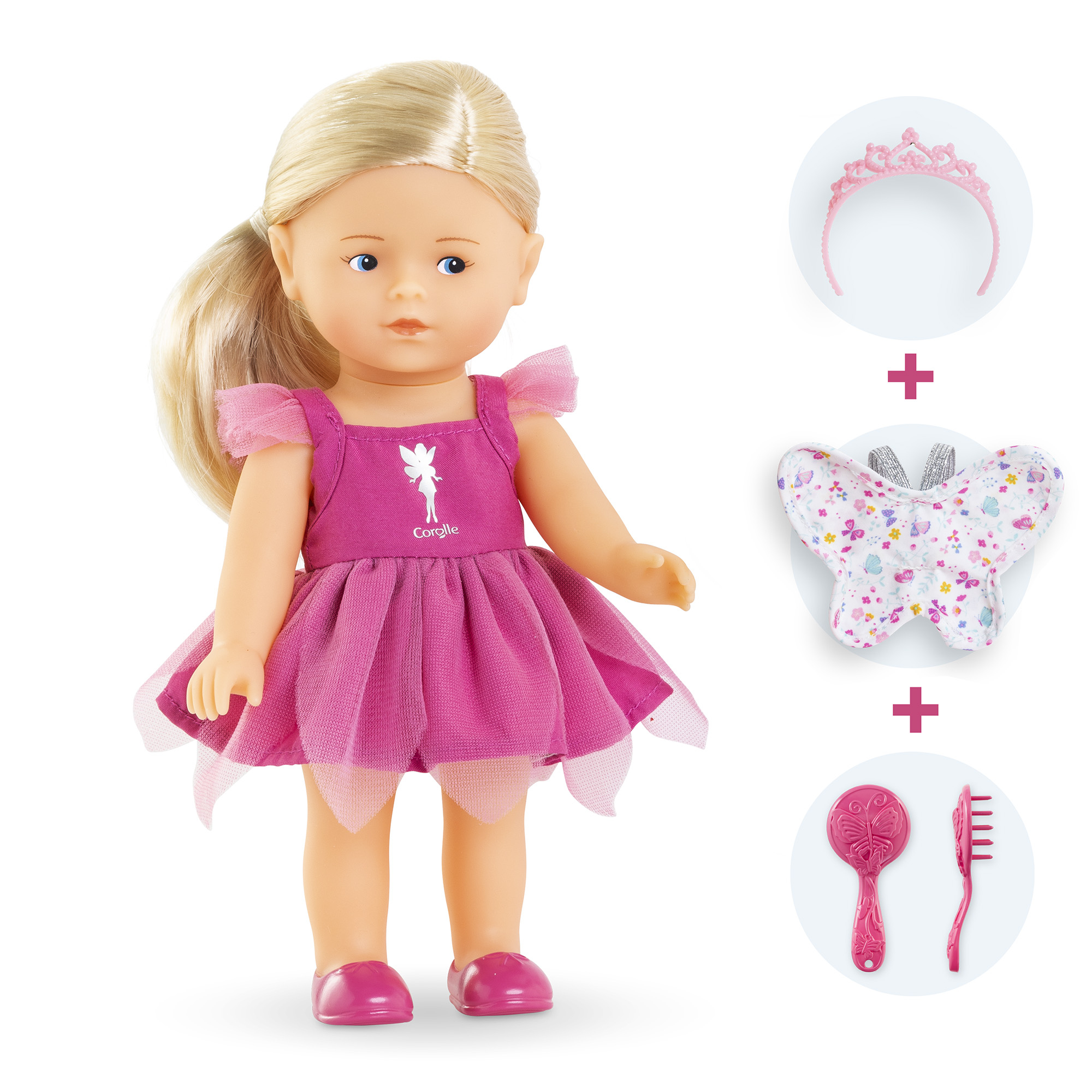 Puppe mit blonden Haaren in rosa Kleid. Zubehör: Tiara, Schmetterlingsflügel, Kamm- und Bürstenset.