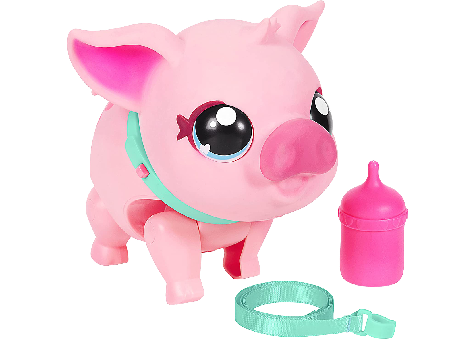 Ein rosa Spielzeugschwein mit großen Augen, einem türkisfarbenen Halsband und einer Leine sowie einer rosa Flasche. Das Schwein steht im Mittelpunkt, das Zubehör ist in der Nähe.