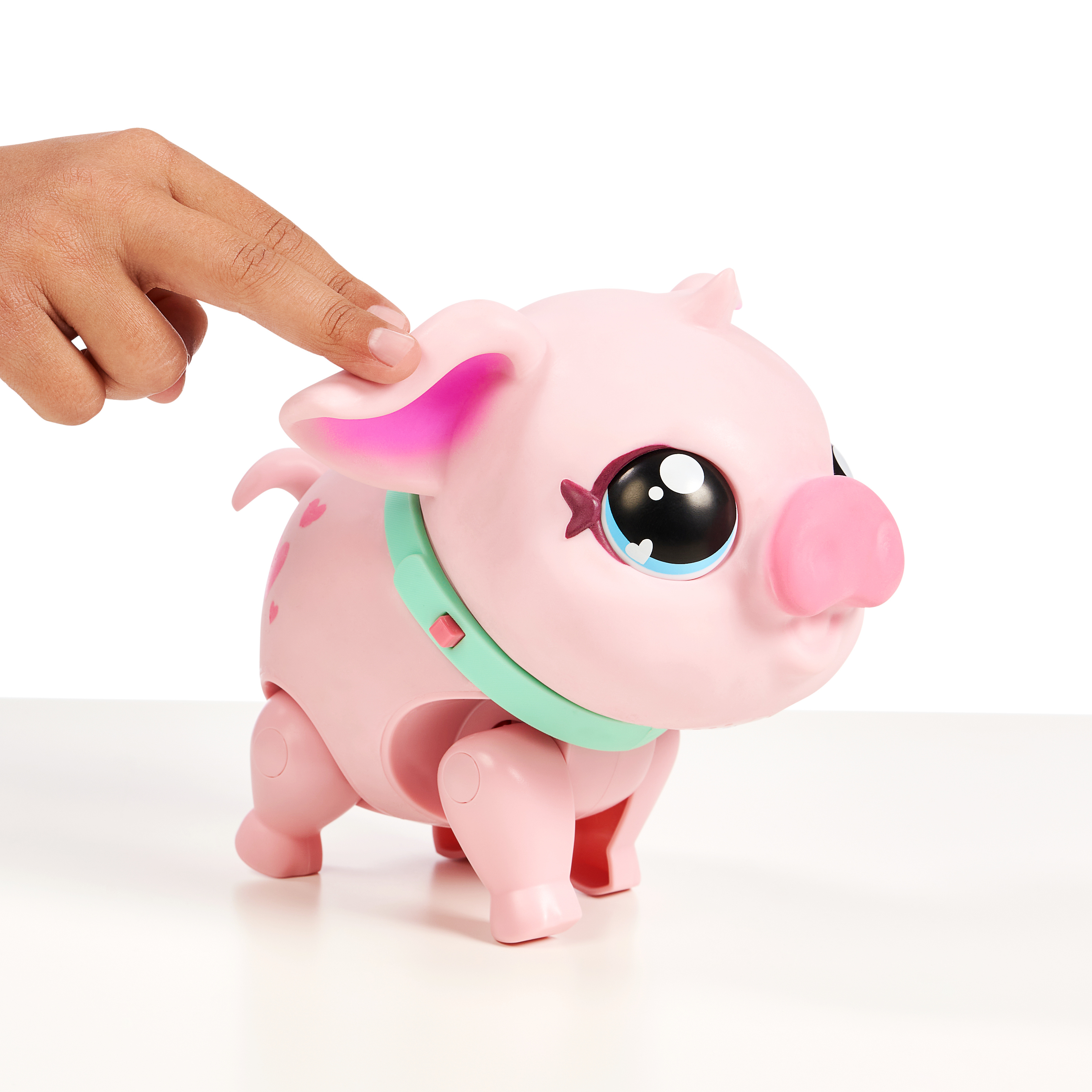 Ein rosa Schweinespielzeug mit großen Augen und einem grünen Kragen. Eine Hand berührt sein Ohr. Weißer Hintergrund.