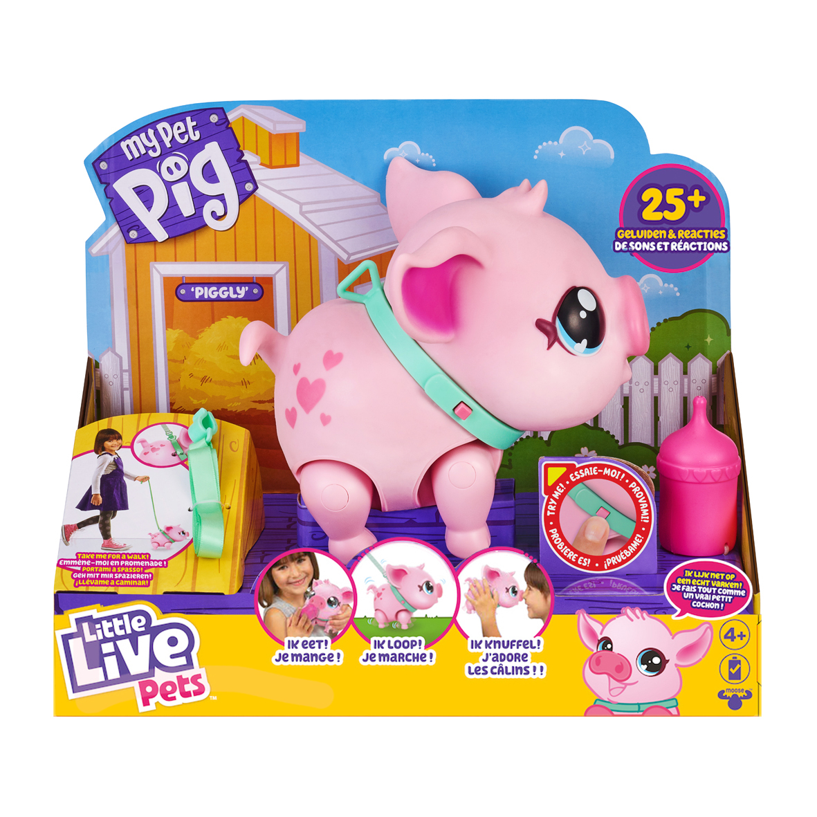 Ein rosa Spielzeugschwein mit blauem Halsband auf einer Box. Text enthält 'My Pet Pig' und 'Little Live Pets'. Das Schwein hat Herzen.