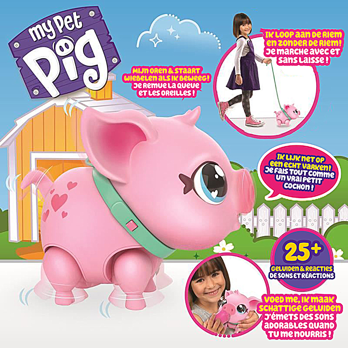 Ein rosa Spielzeugschwein mit Herzen, ein Mädchen, das das Schwein an einer Leine führt, und Textblasen mit Sätzen in verschiedenen Sprachen.