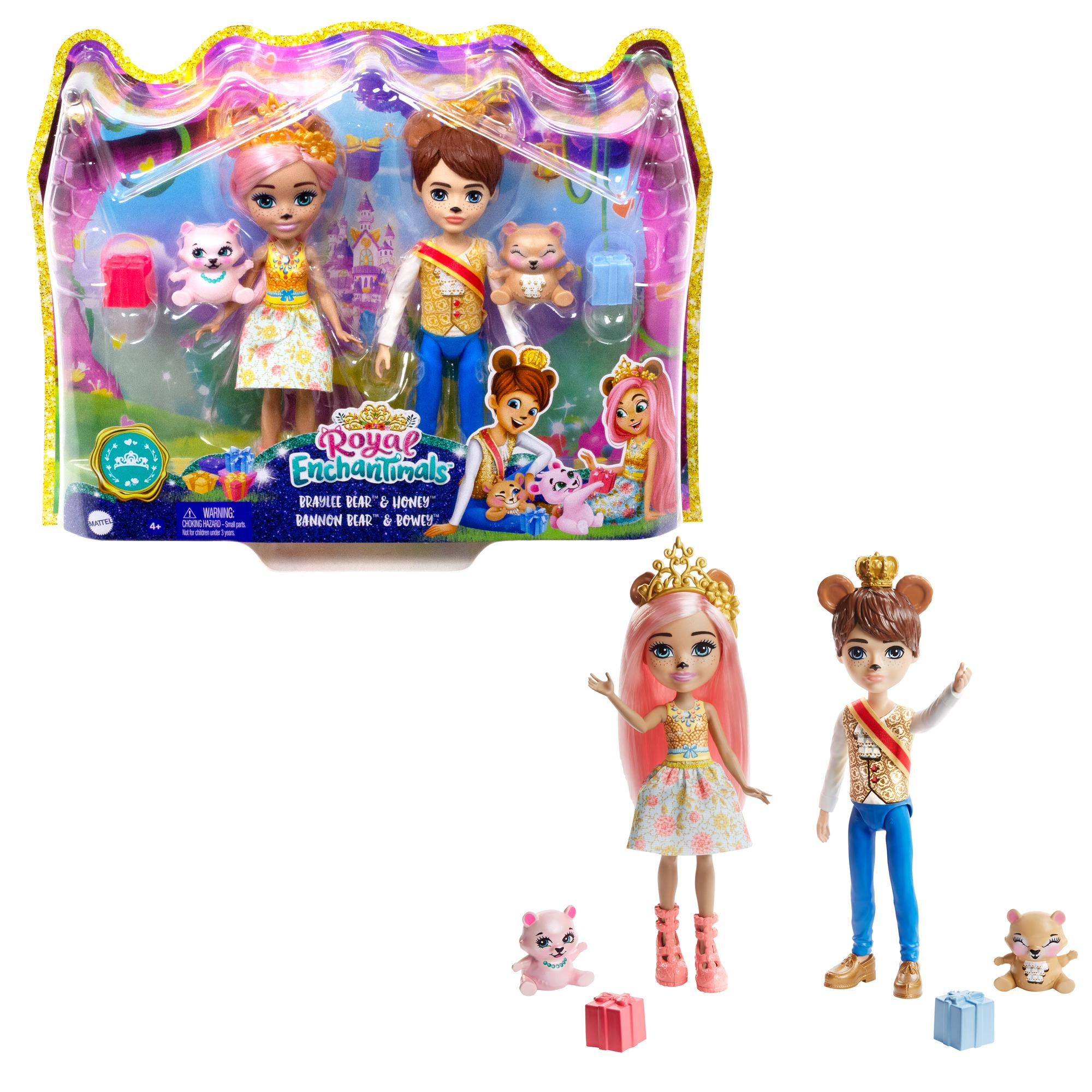 Ein Spielzeugset mit Royal Enchantimals-Puppen, darunter zwei Puppen, Bärenfiguren und Zubehör in einer transparenten Verpackung.