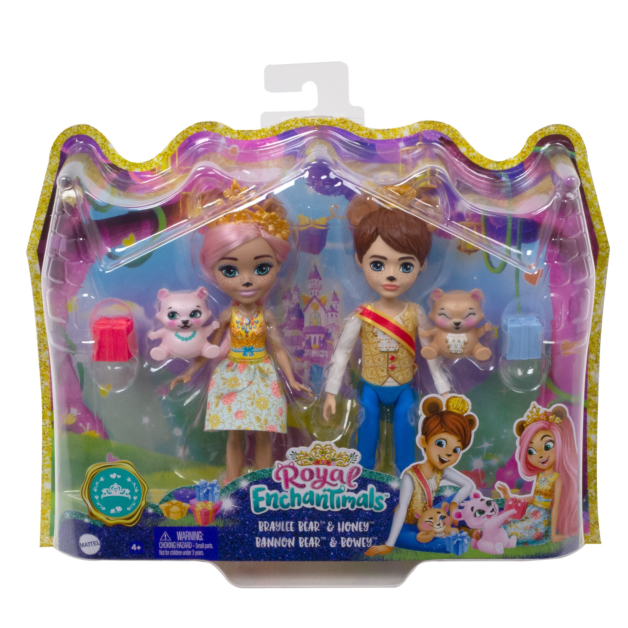 Ein Royal Enchantimals Spielzeugset in einer Verpackung. Es zeigt zwei Puppen mit Bärenohren und Haustieren. Der Hintergrund hat eine Schlosskulisse.