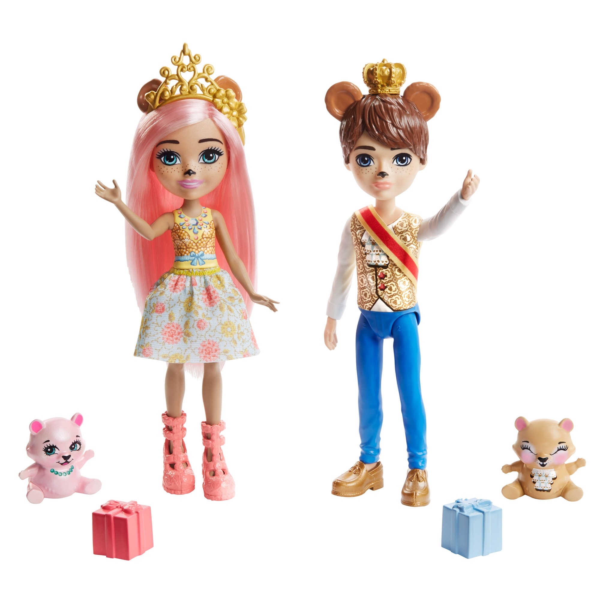 Zwei Puppen mit Ohren. Eine hat pinkes Haar und ein Blumenkleid, die andere hat braunes Haar und eine goldene Weste. Geschenke und Tiere.