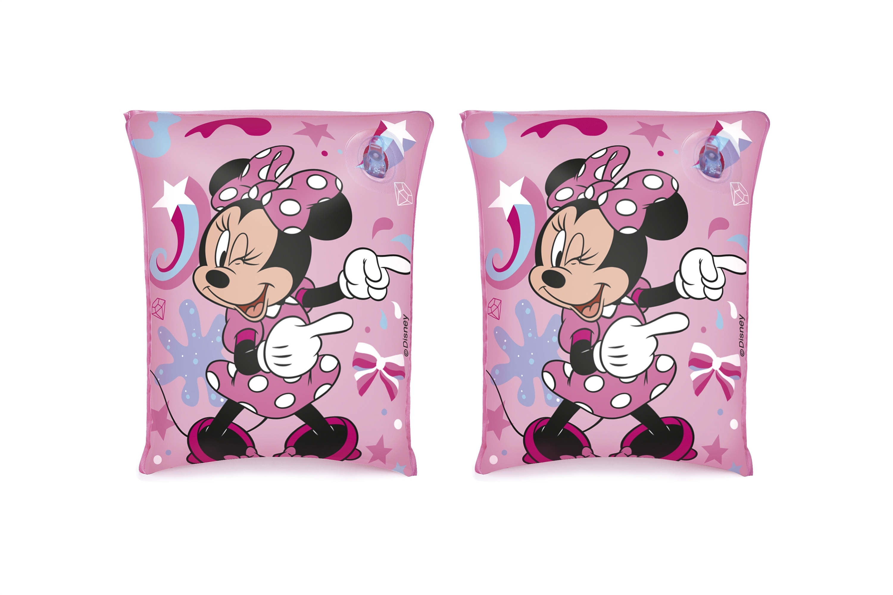 Dos flotadores rosados con Minnie Mouse. Cada uno tiene a Minnie sonriendo, lunares, estrellas y un lazo.