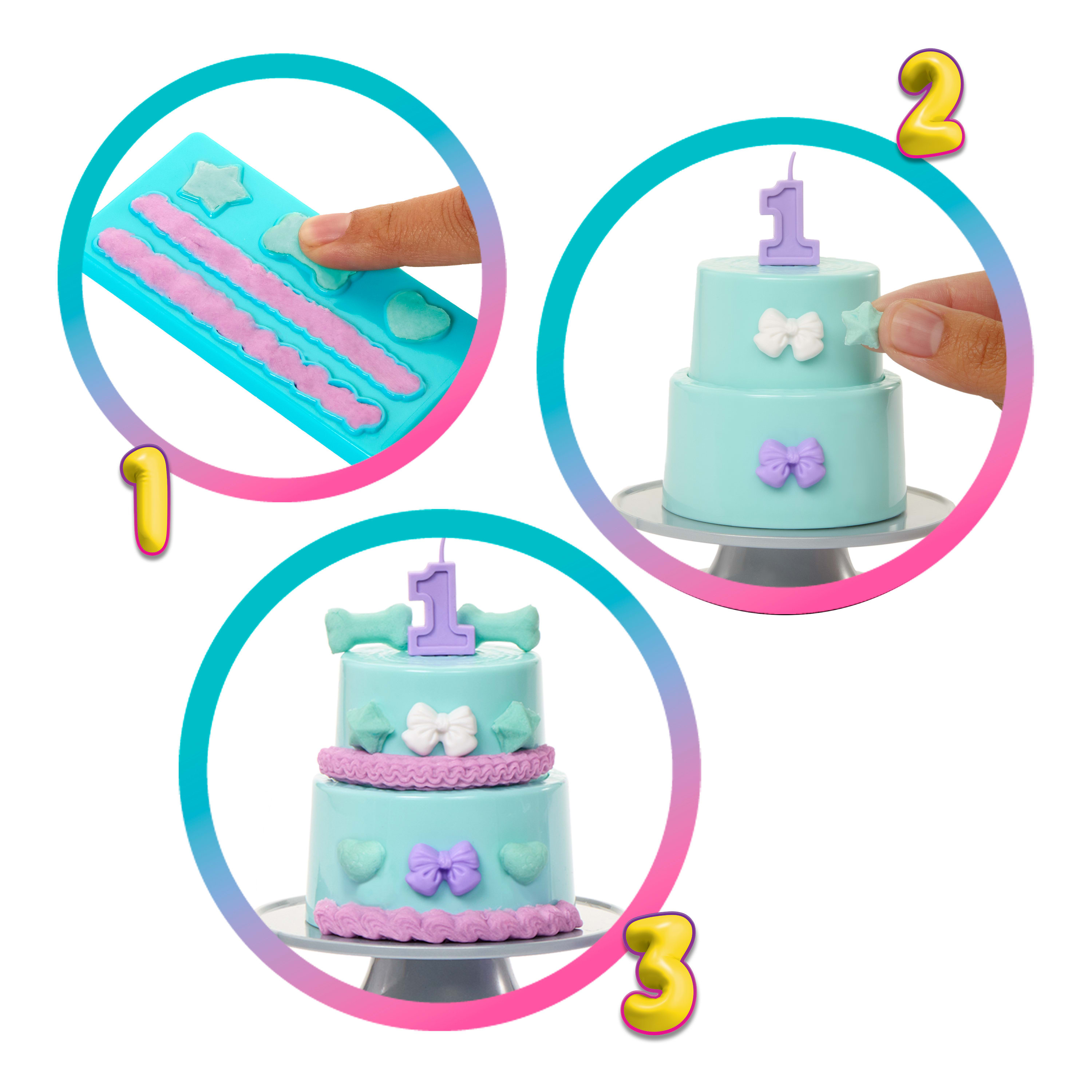 Zabawkowe ciasto urodzinowe z dekoracjami. Ręka umieszcza gwiazdkę na torcie. Ciasto ma świeczkę z numerem 1.