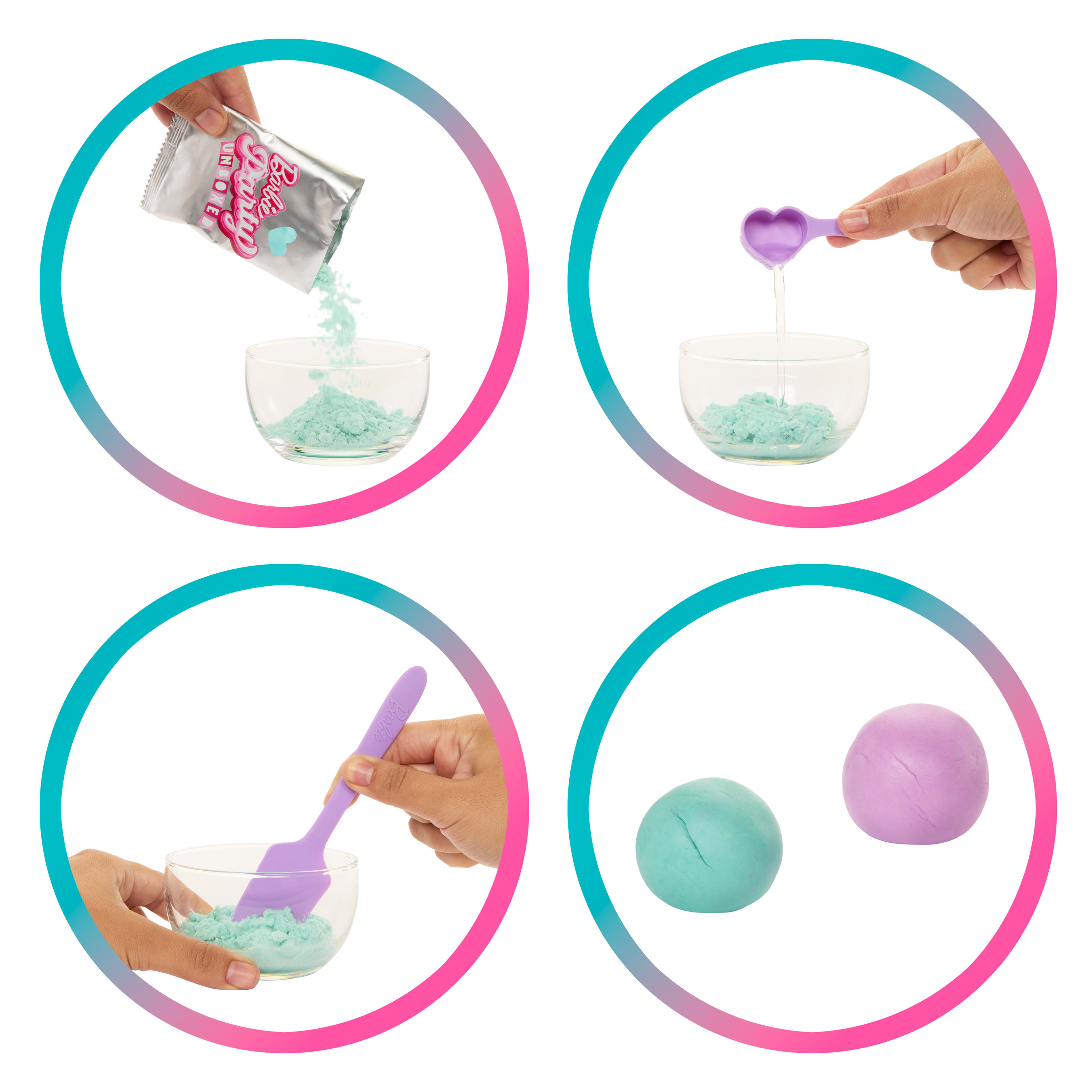 Obraz z czterech paneli. Ręce mieszają składniki z opakowań do misek. Produkt końcowy to dwie kulki szlamu, jedna zielona, ​​jedna fioletowa.