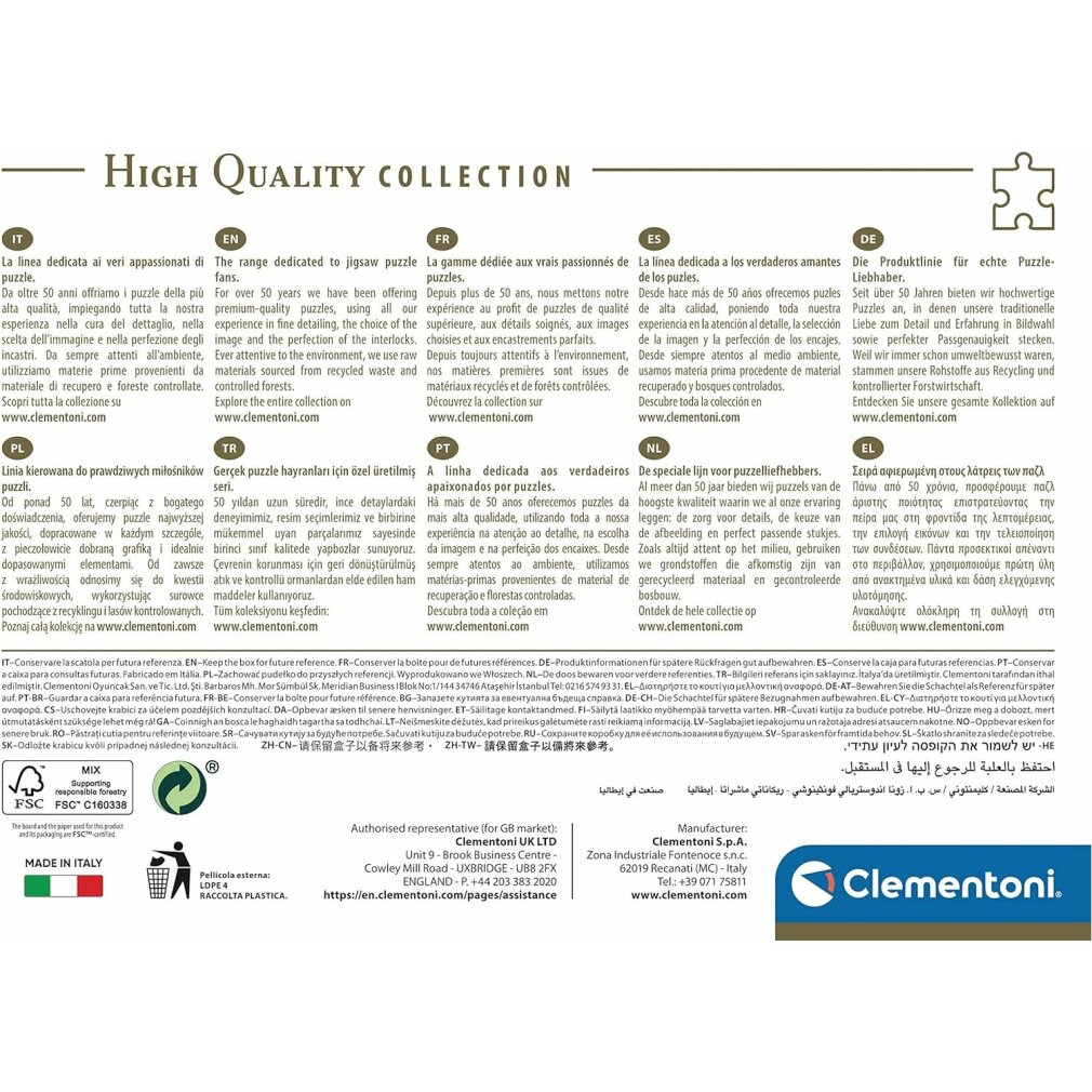 Pudełko z puzzlami z tekstem w wielu językach, logo FSC i symbolami recyklingu.