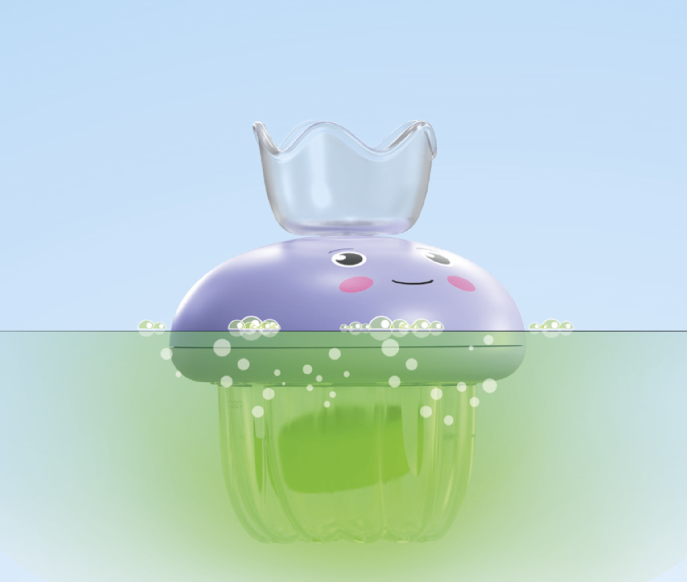 Kreskówka zabawka z meduzą z koroną unosi się w zielonej wodzie na tle błękitnego nieba. Ma uśmiechniętą twarz.