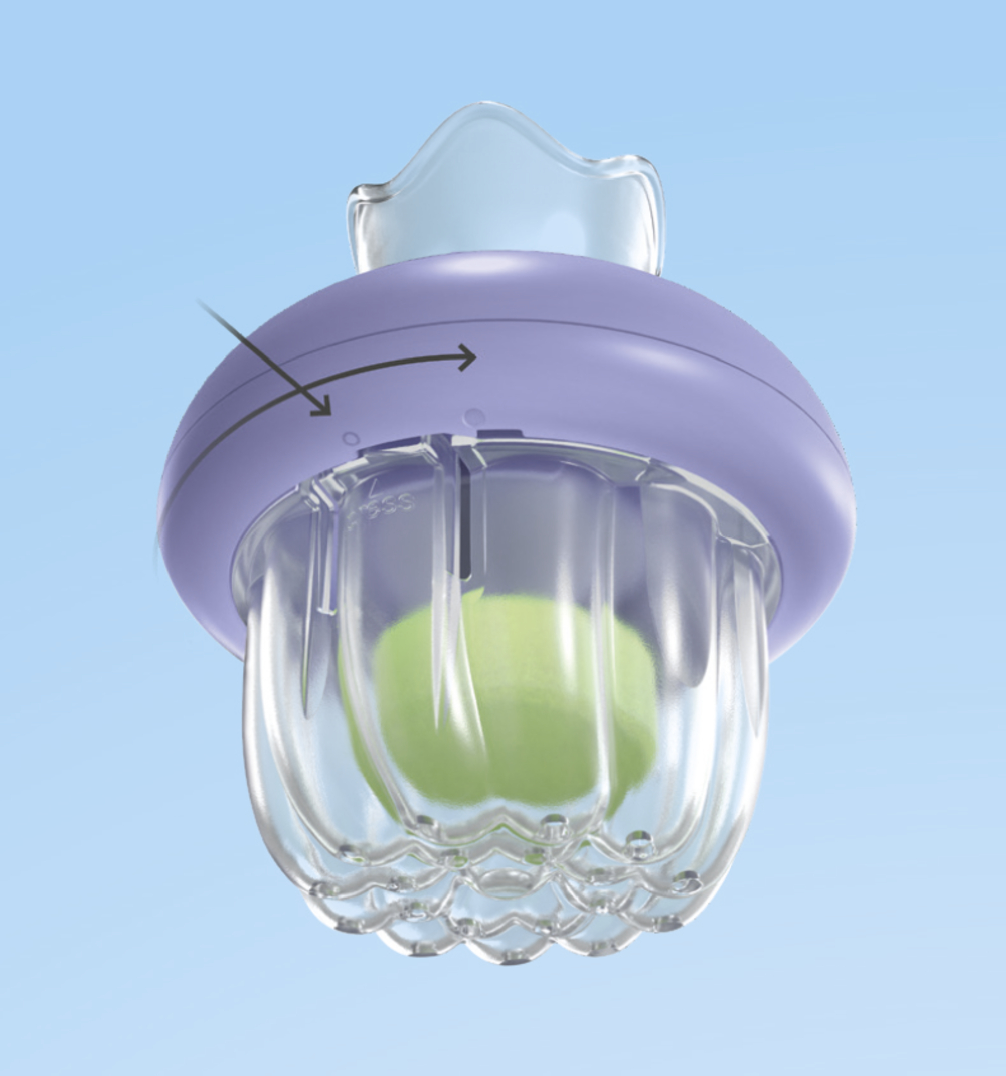 Fioletowy i przezroczysty pojemnik na żywność z zielonym owocem w środku, na jasnoniebieskim tle, ze strzałkami.