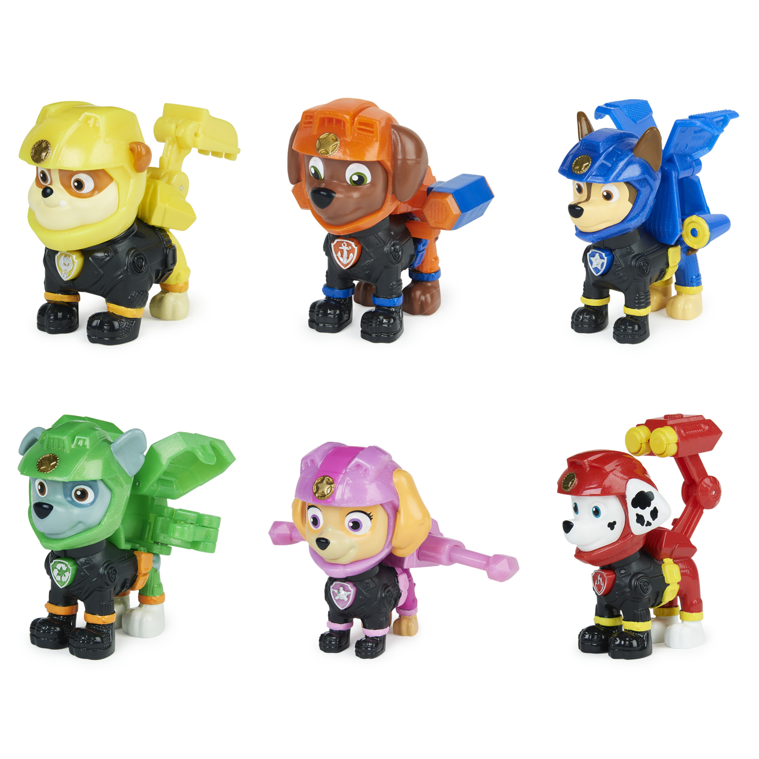 Zes Paw Patrol-beeldjes in actieposities. Elke hond draagt een helm en uniform, met verschillende kleuren zoals geel, oranje en blauw.