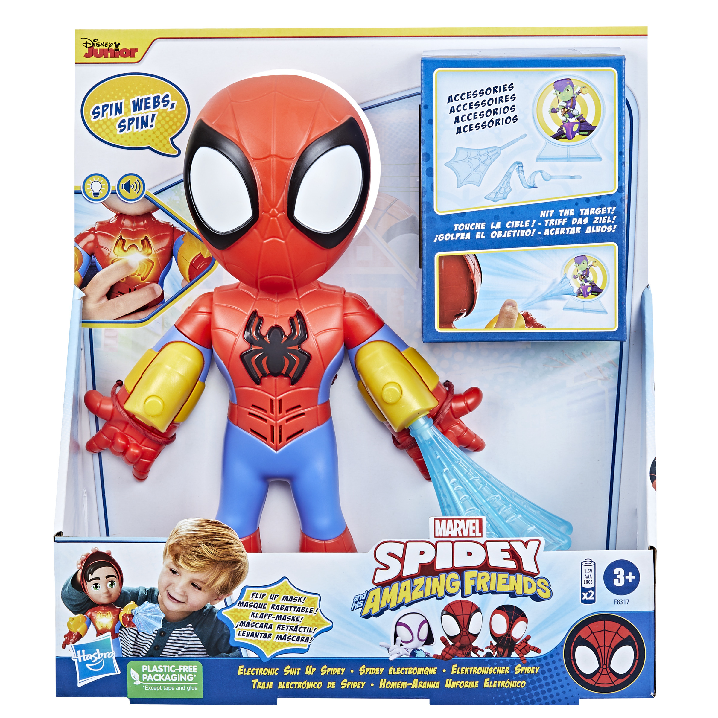 Juguete de Spider-Man en caja. Muestra al personaje con lanzadores de telarañas. Incluye instrucciones y un niño.