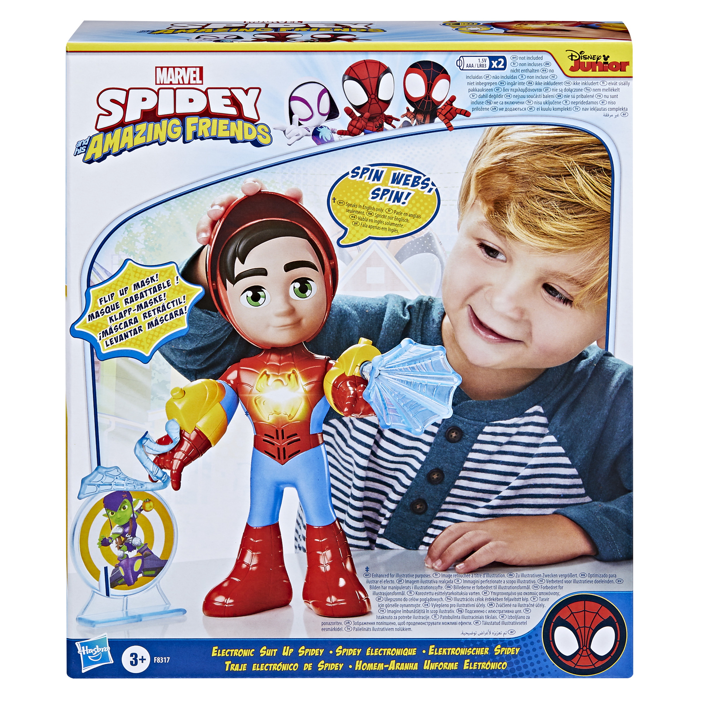 Un niño sonríe, sosteniendo un juguete de Spider-Man. La caja presenta a Spider-Man y el texto: Marvel Spidey and His Amazing Friends.