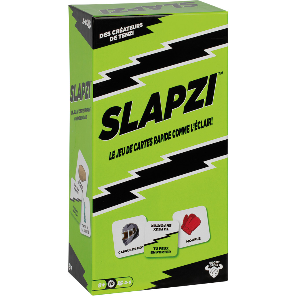 A green Slapzi game box. It has the game's name, a helmet, a mitten, and the Statue of Liberty are featured.