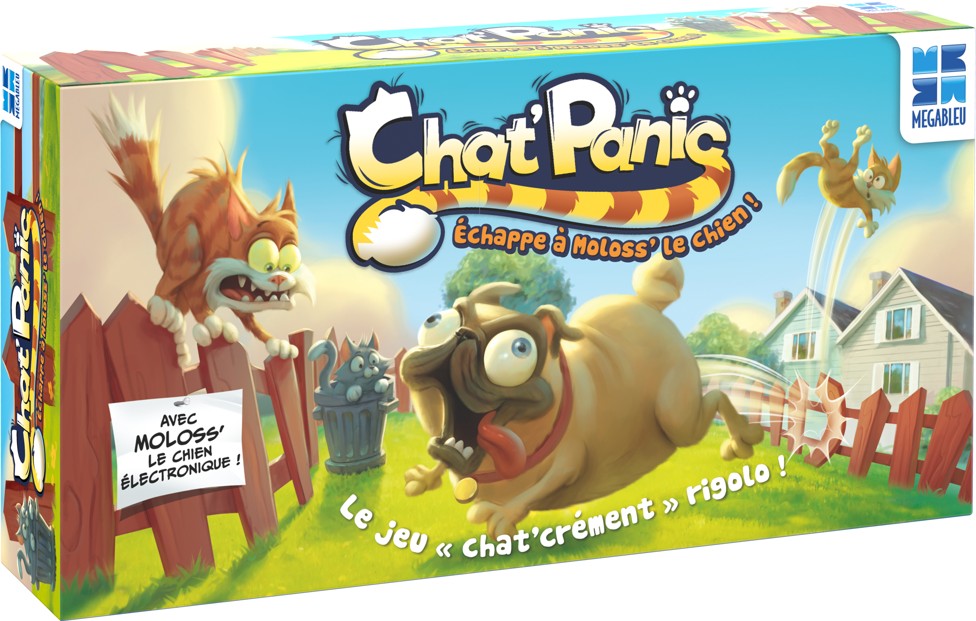 Doos van het spel Chat Panic. Een mopshond achtervolgt katten, één springt over een hek, anderen verstoppen zich.