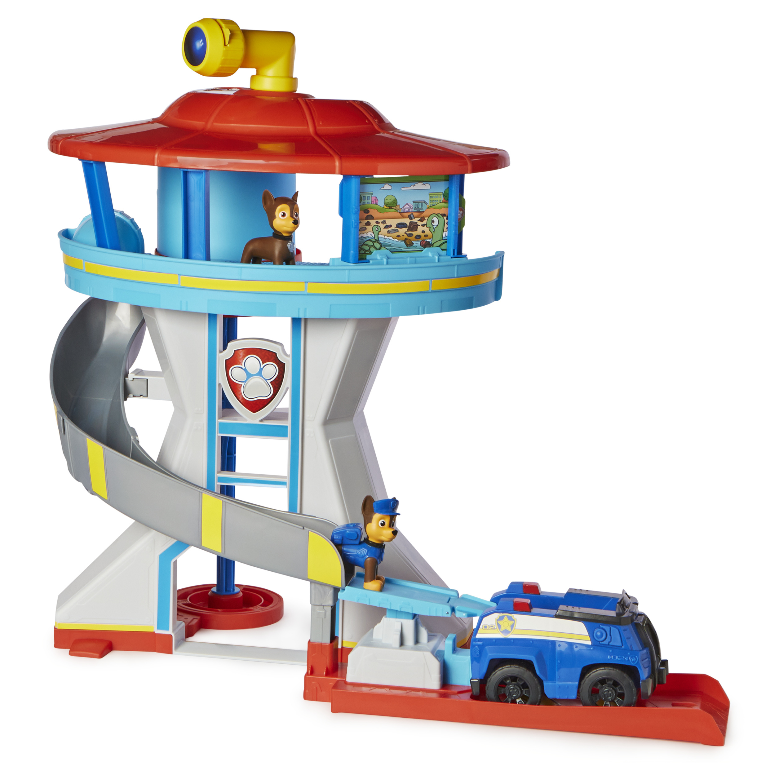 Un set di giocattoli Paw Patrol. Include una torre con scivolo, due personaggi e un'auto della polizia giocattolo. Il set è colorato.