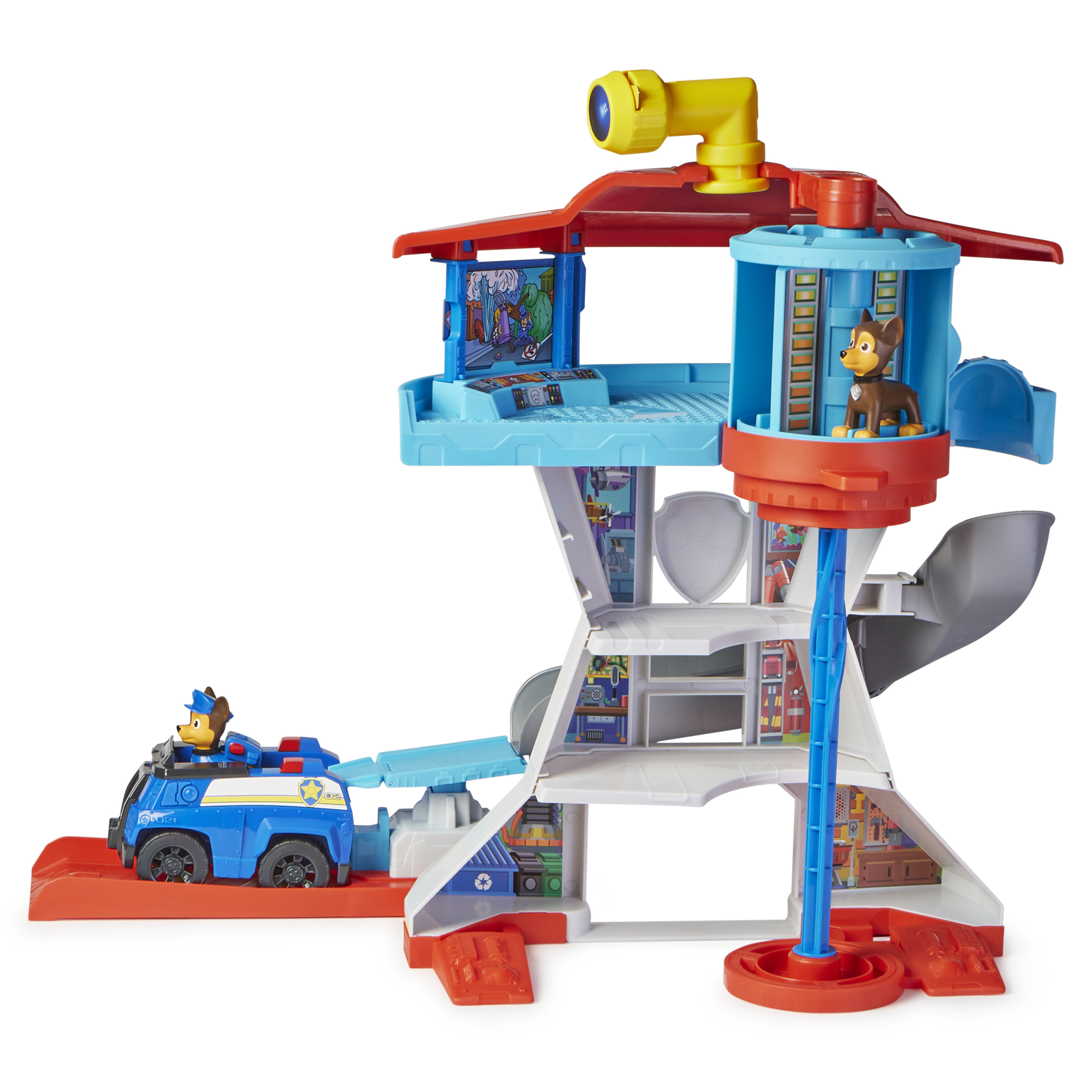 Un set di giocattoli Paw Patrol. Include una torre, un'auto della polizia blu con un cucciolo e un cucciolo all'interno della torre.