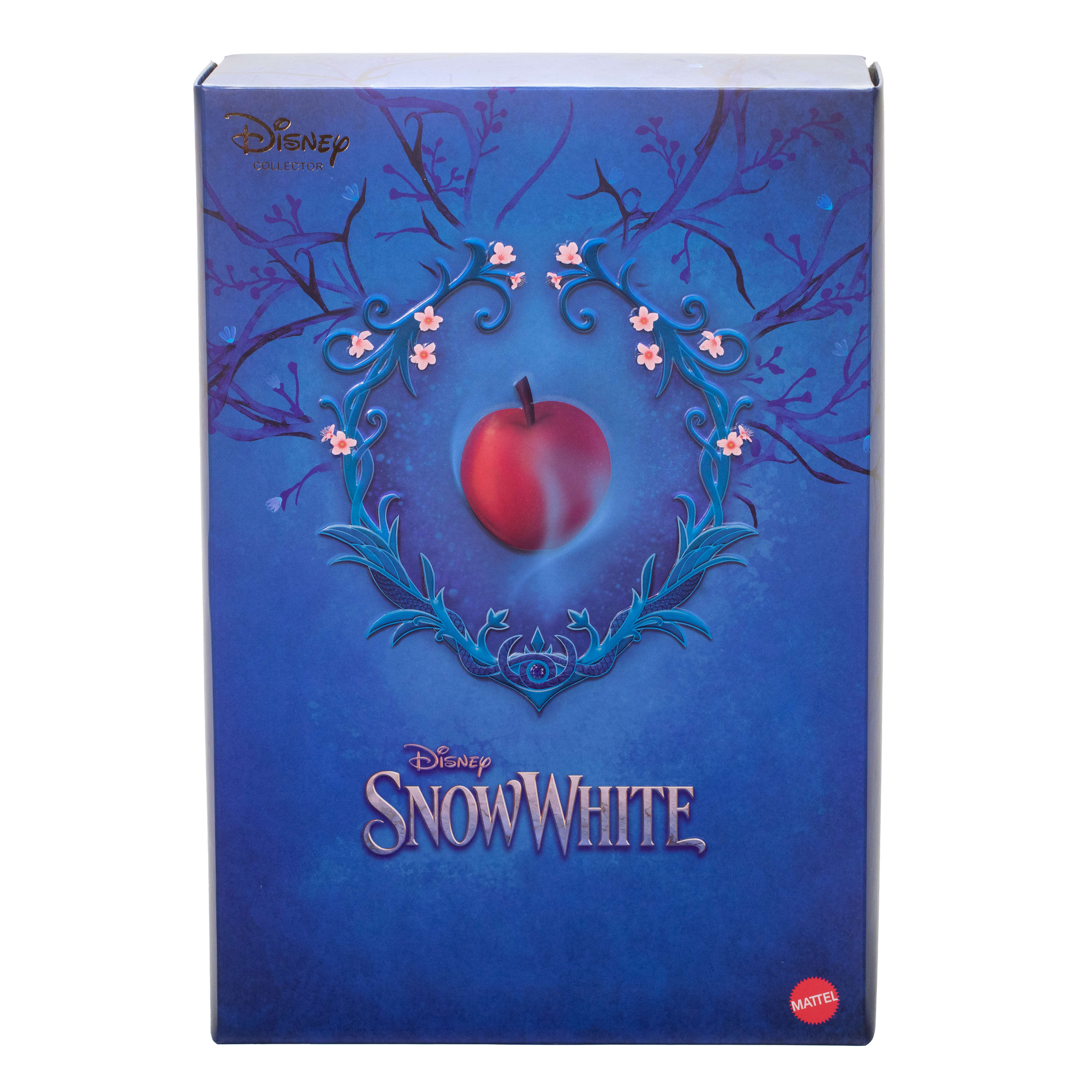 Eine Box mit einem roten Apfel in der Mitte, umgeben von Details zum Thema Schneewittchen.