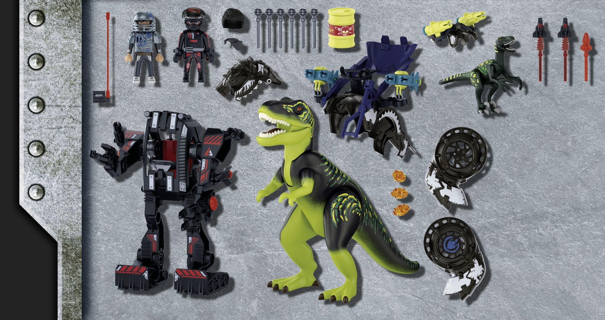 Una colección de figuras y piezas de juguete, incluyendo dinosaurios, robots y accesorios, dispuestos sobre una superficie gris texturizada.