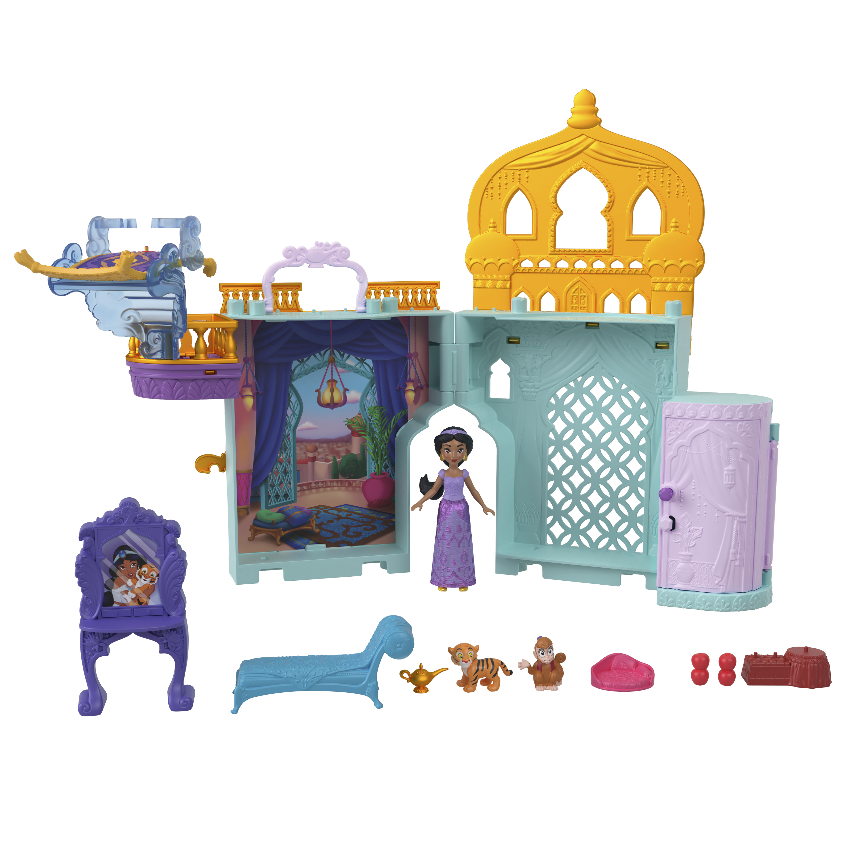Spielzeugpalast mit Jasmin-Puppe, fliegendem Teppich, Zubehör und Figuren von Rajah, Abu und anderen Gegenständen.