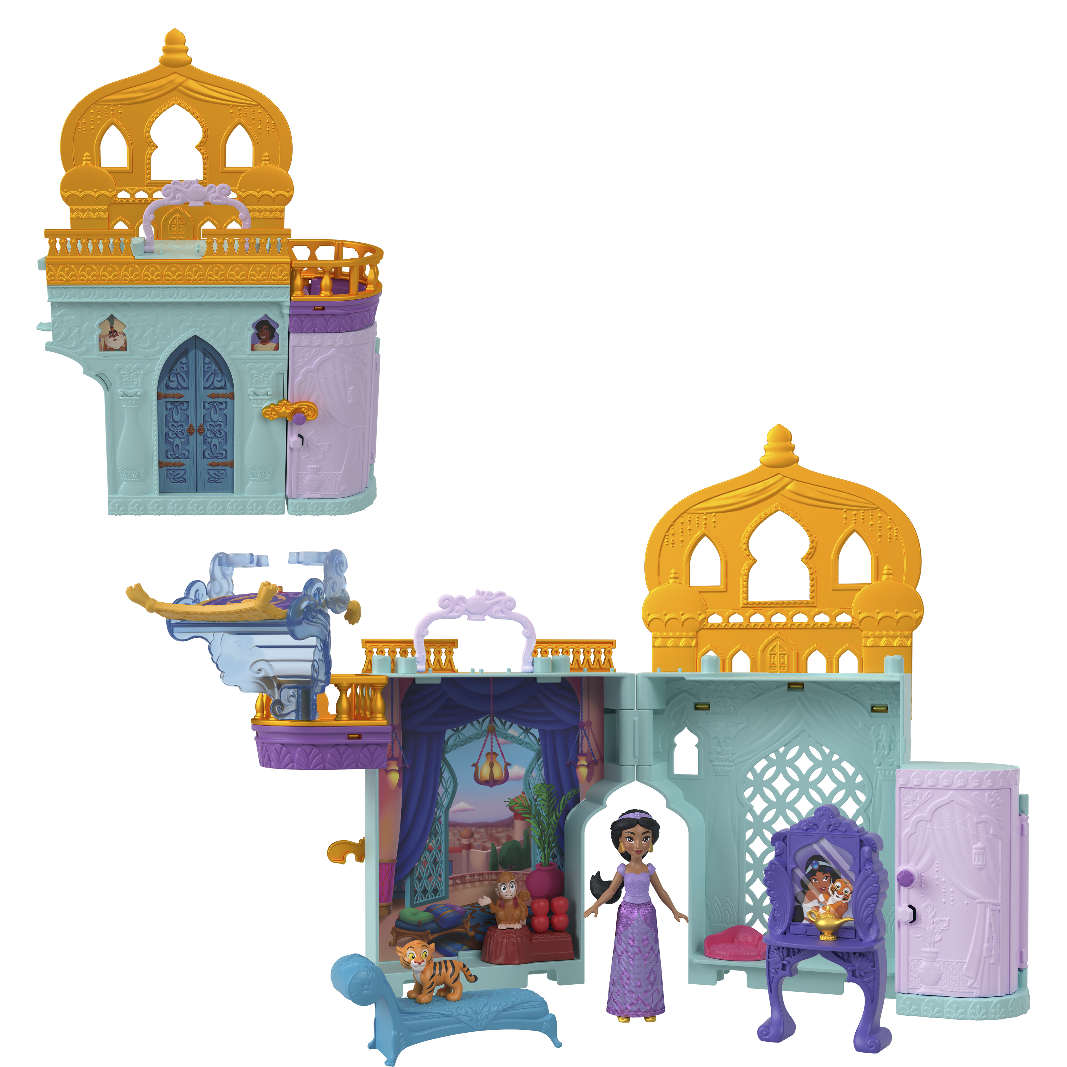 Ein Spielzeug-Schloss-Spielset mit Jasmin, Tiger und anderen Figuren. Es hat eine goldene Kuppel, lila Details und blaue Wände.
