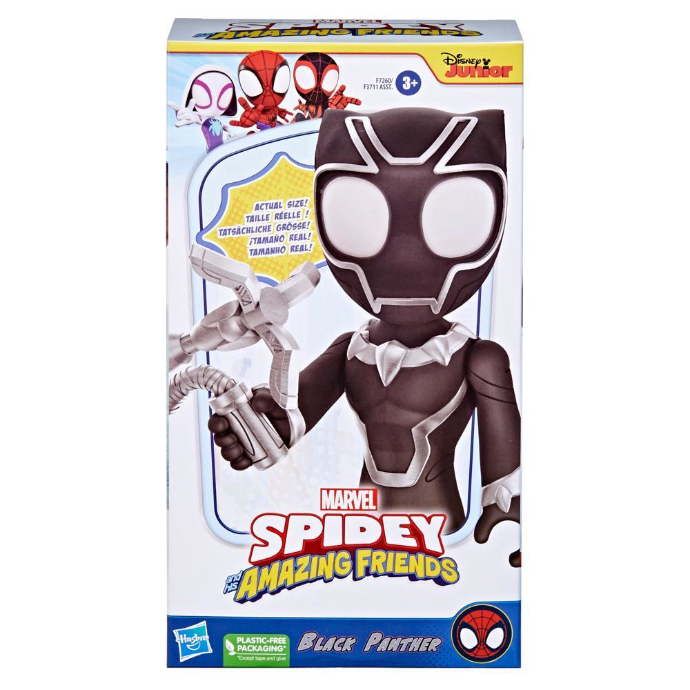 Un giocattolo di Black Panther di Spidey and his Amazing Friends della Marvel è in una scatola. La scatola presenta personaggi e loghi.
