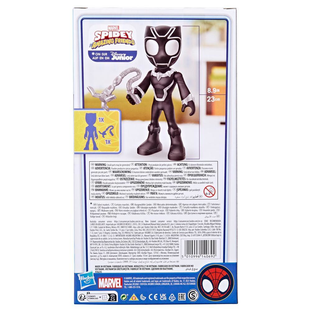 Una statuetta di Black Panther su una scatola di Marvel Spidey, con un artiglio d'argento e del testo.