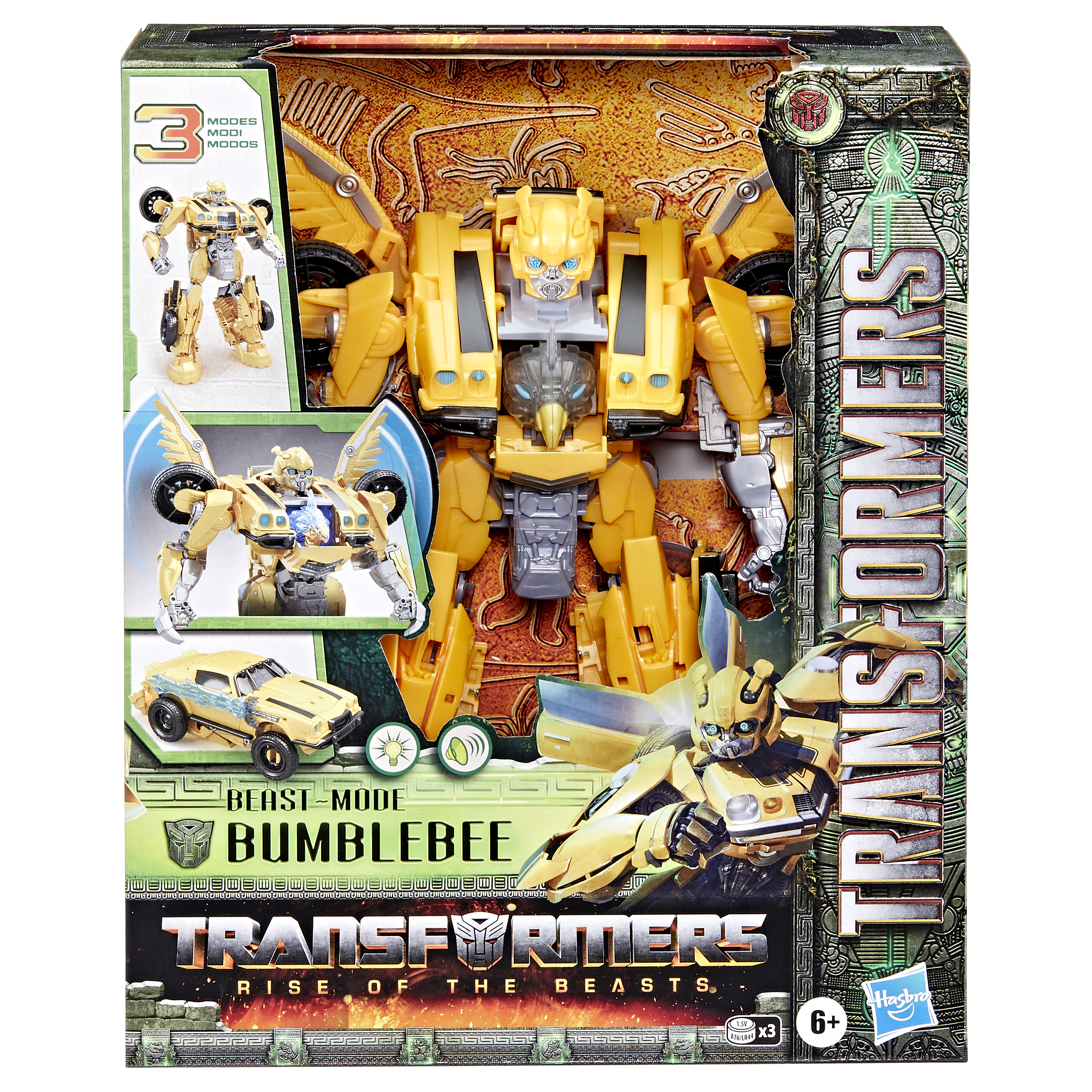 Żółta zabawka Transformers Bumblebee w pudełku. Pokazuje tryb robota i samochodu, z napisem 'Rise of the Beasts'.