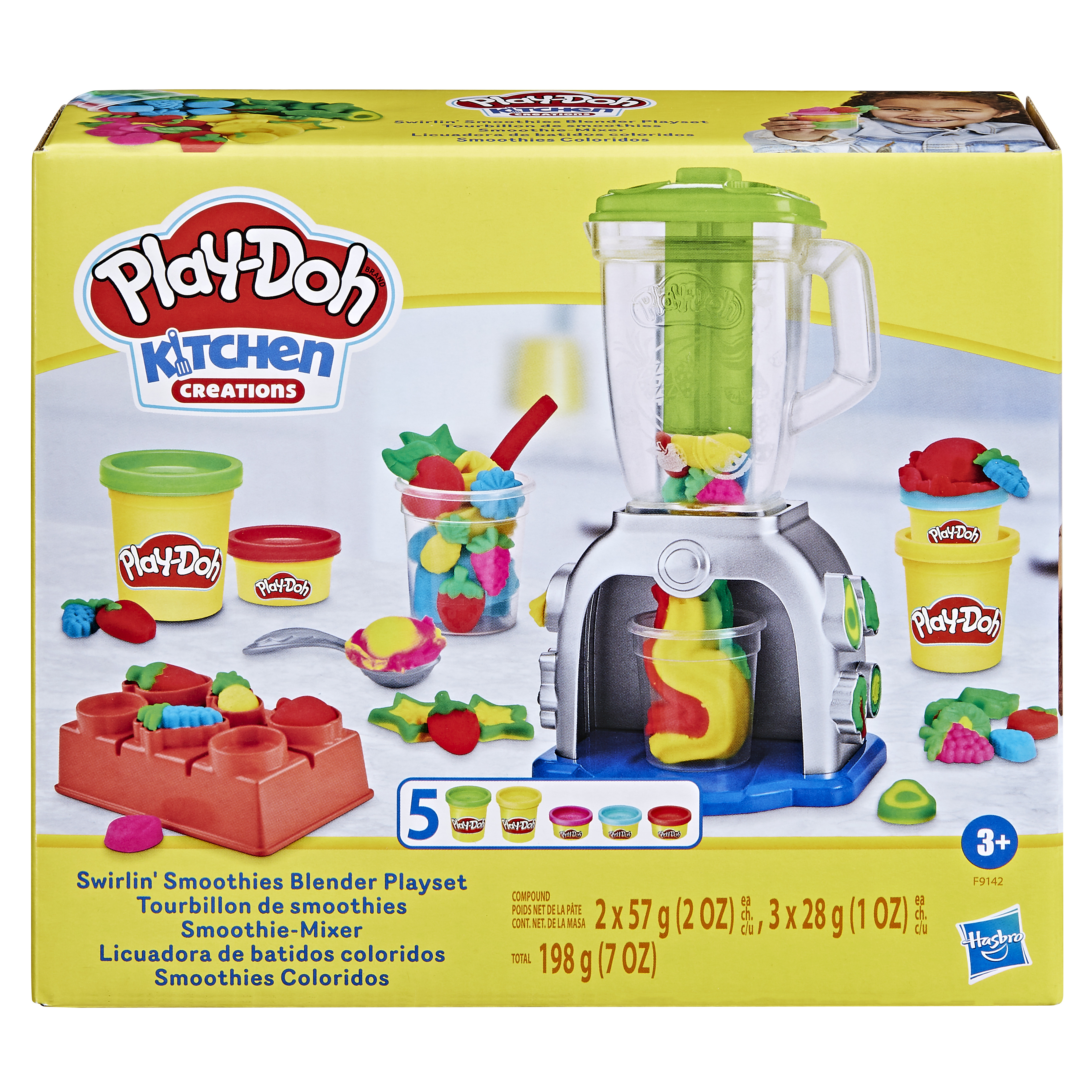 Juego de cocina Play-Doh con una licuadora, plastilina y accesorios. La caja es amarilla y muestra el contenido.