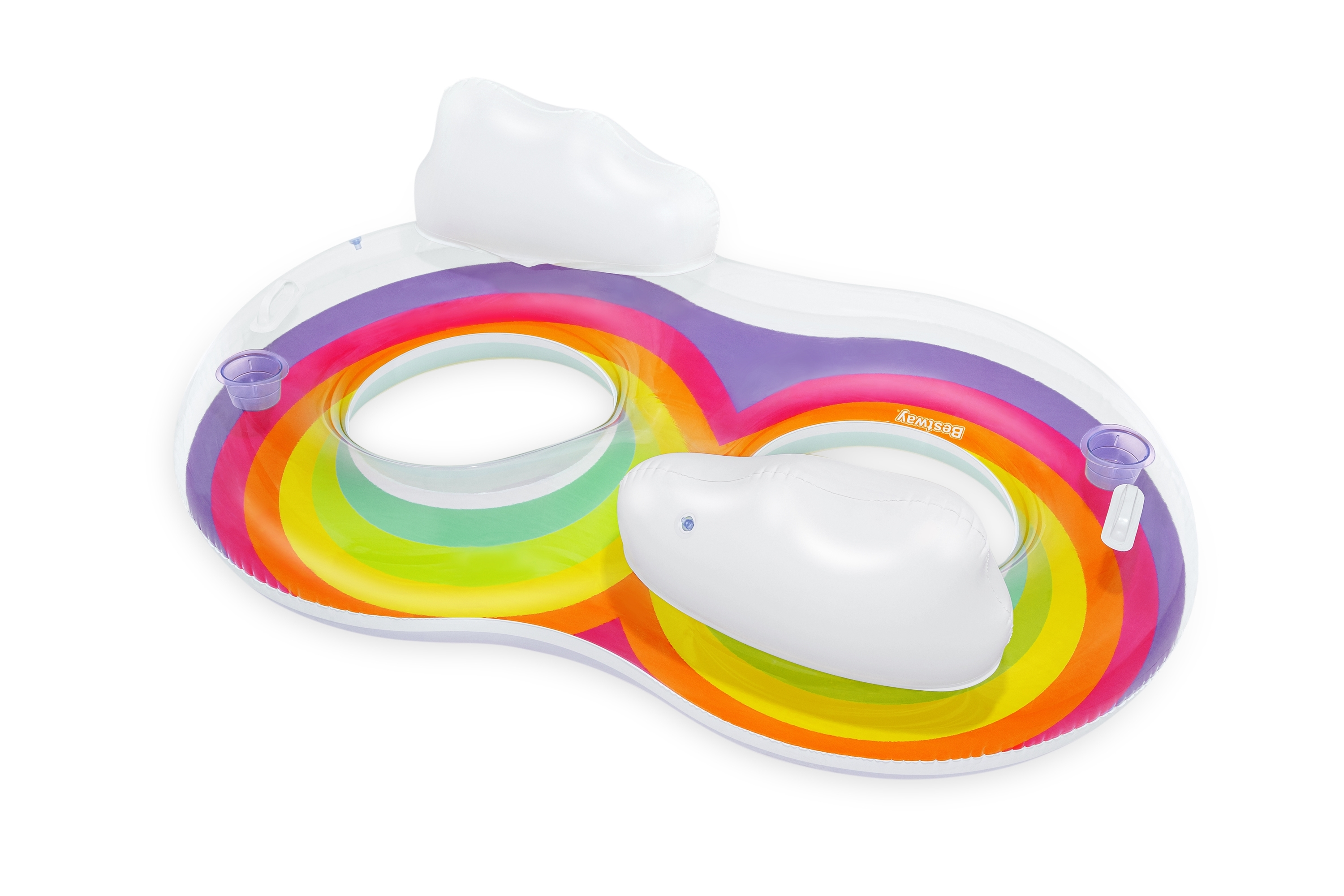 Un flotador inflable de piscina arcoíris con reposacabezas y portavasos blancos, sobre un fondo blanco.