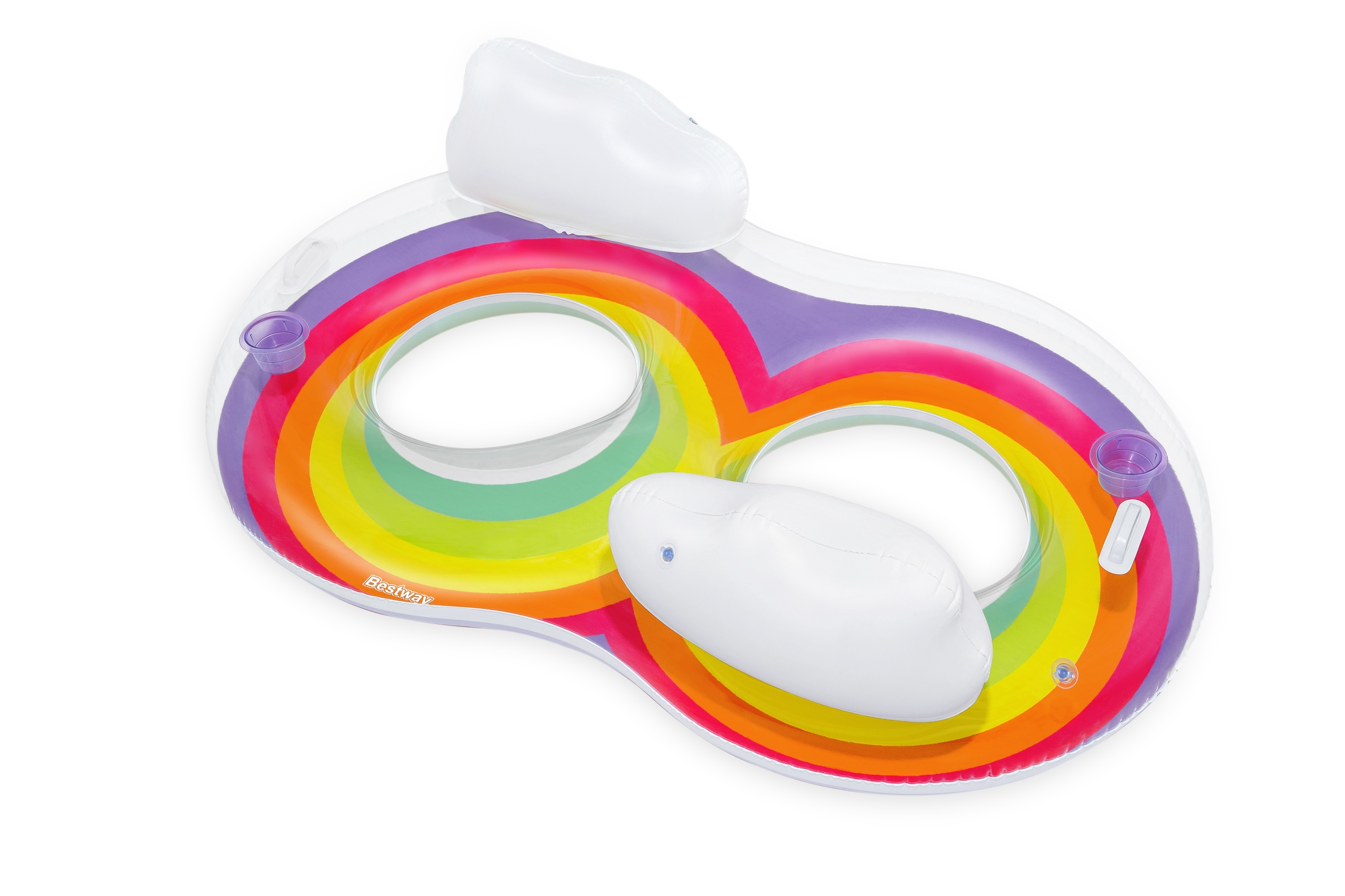 Un flotador de piscina a rayas de arcoíris con reposacabezas y portavasos blancos, marca 'Bestway'.