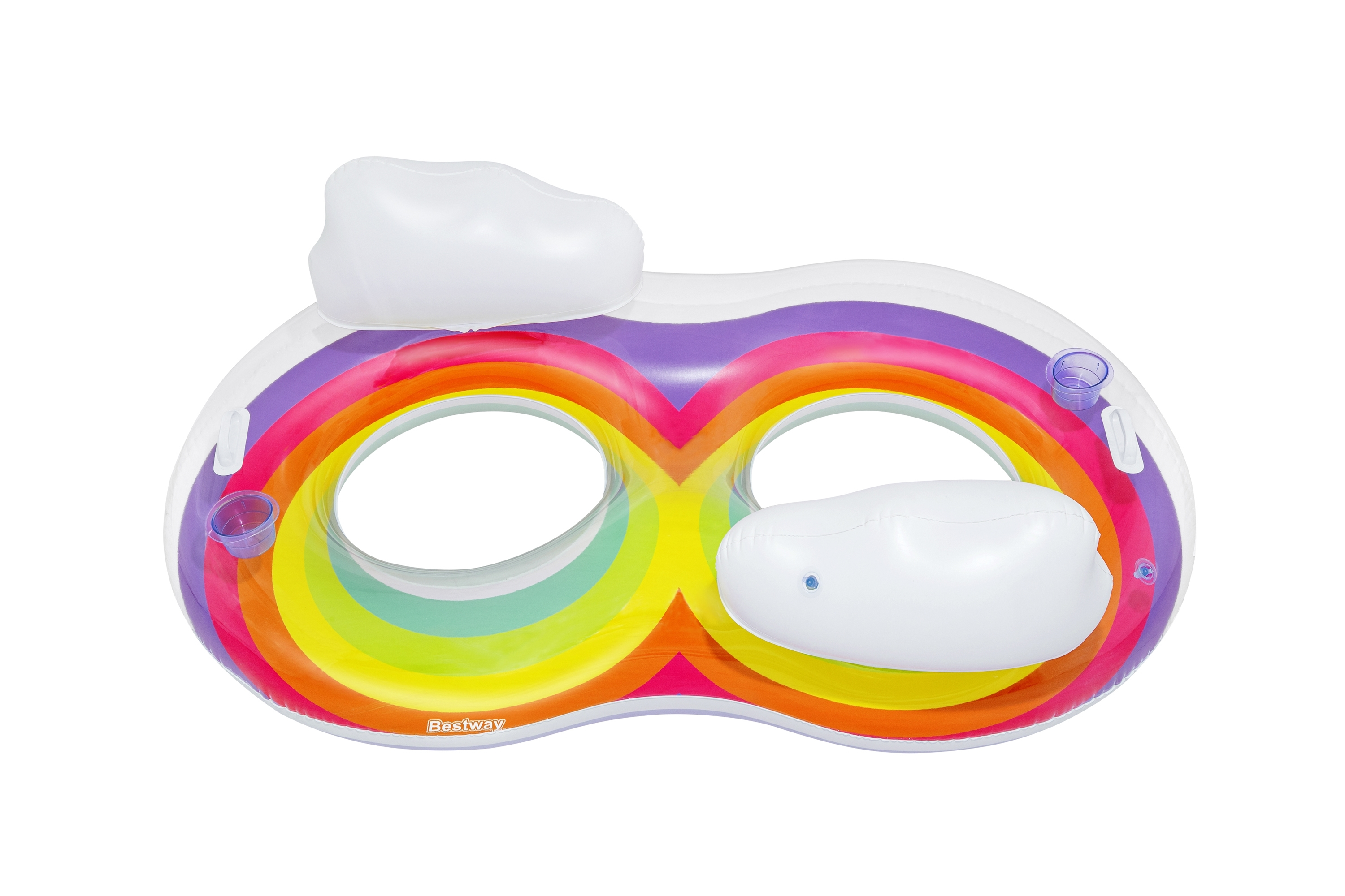 Flotador inflable Bestway colorido con diseño de arcoíris, reposacabezas y portavasos blancos, aislado sobre blanco.