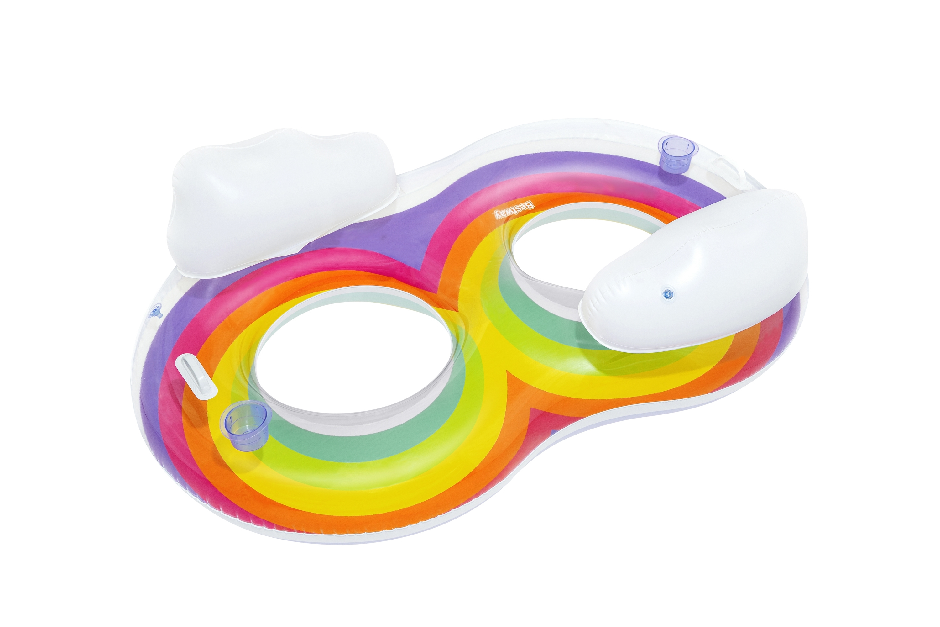 Un flotador inflable de piscina arcoíris con dos reposacabezas blancos y portavasos, aislado en blanco.