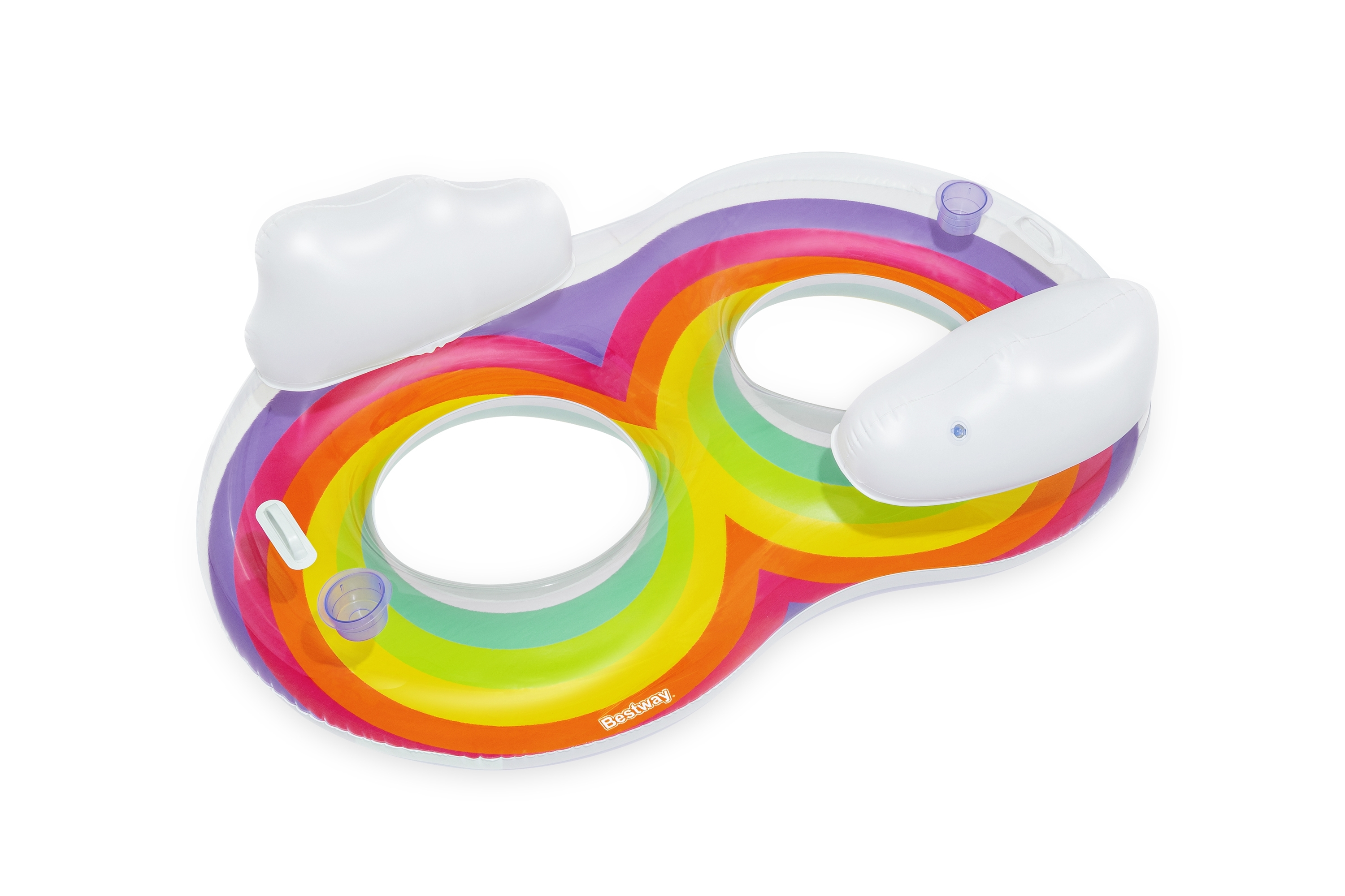 Un flotador inflable para piscina con rayas de arcoíris y reposacabezas y portavasos blancos, aislado sobre blanco.