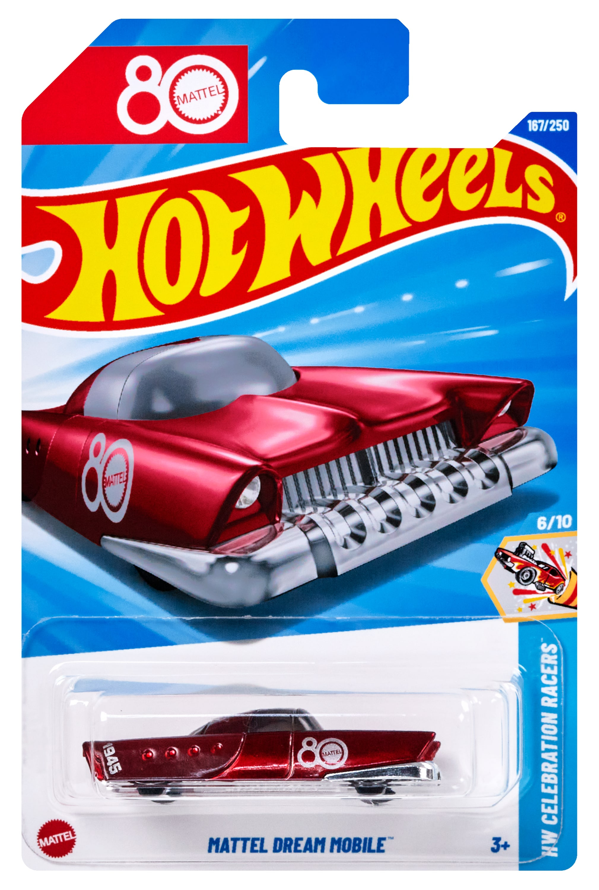 Czerwony pakiet samochodowy Hot Wheels. Samochód jest czerwony, ze srebrnymi akcentami. Opakowanie ma niebieskie tło.