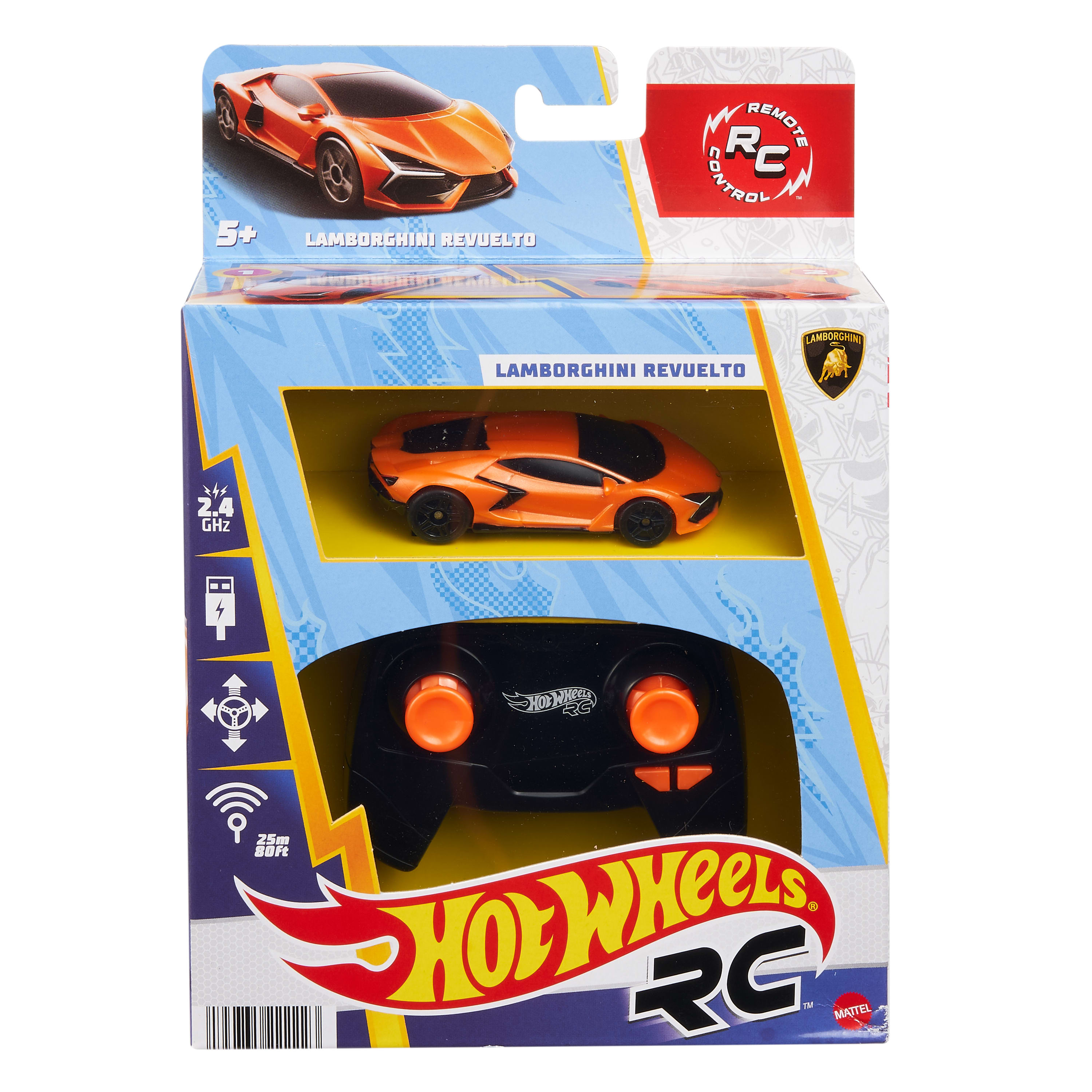 Zestaw samochodów RC Hot Wheels. Pudełko zawiera pomarańczowy samochód zabawkowy Lamborghini Revuelto i czarny pilot.