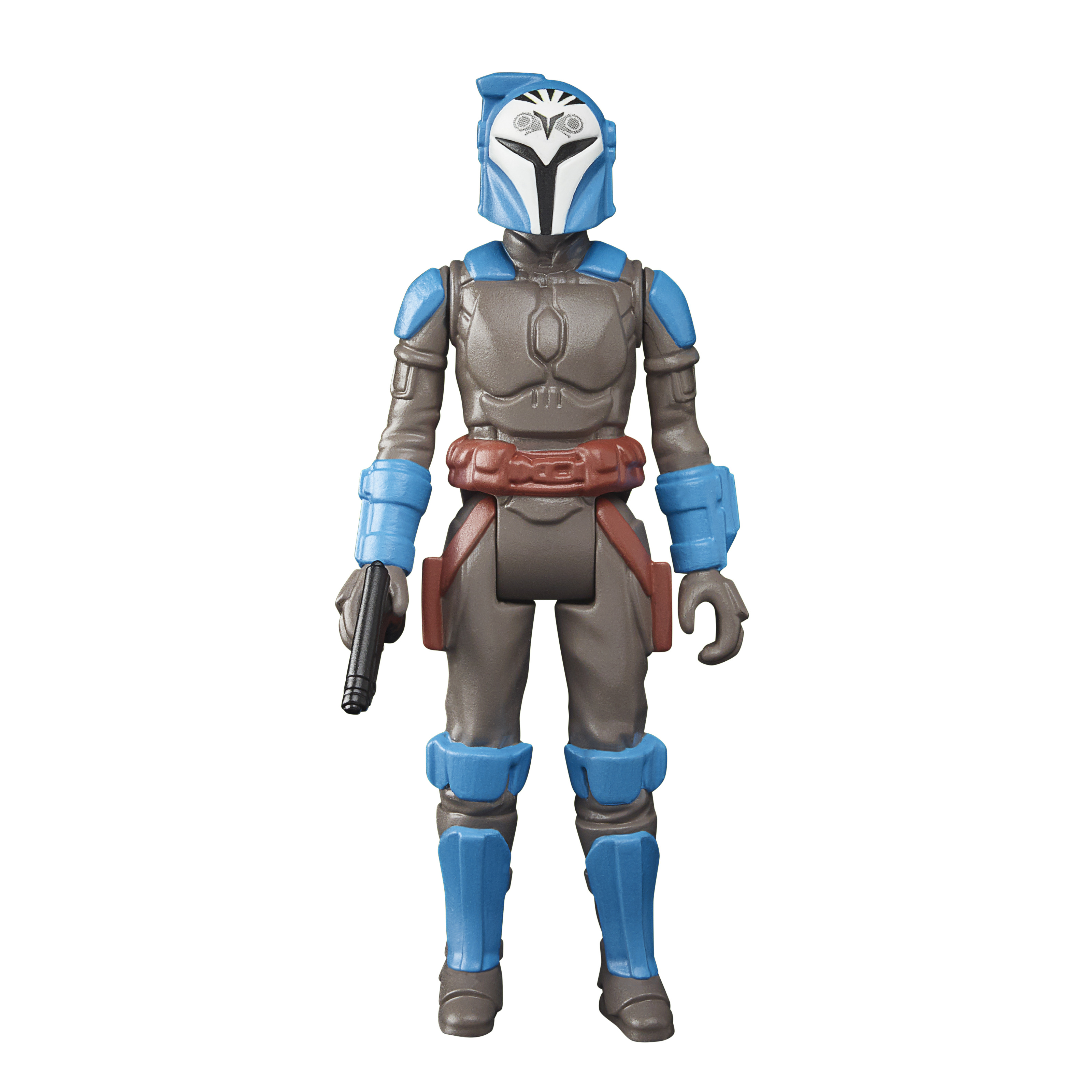 Action figure di un guerriero Mandaloriano con armatura blu e grigia, con una pistola nera. Sfondo bianco.