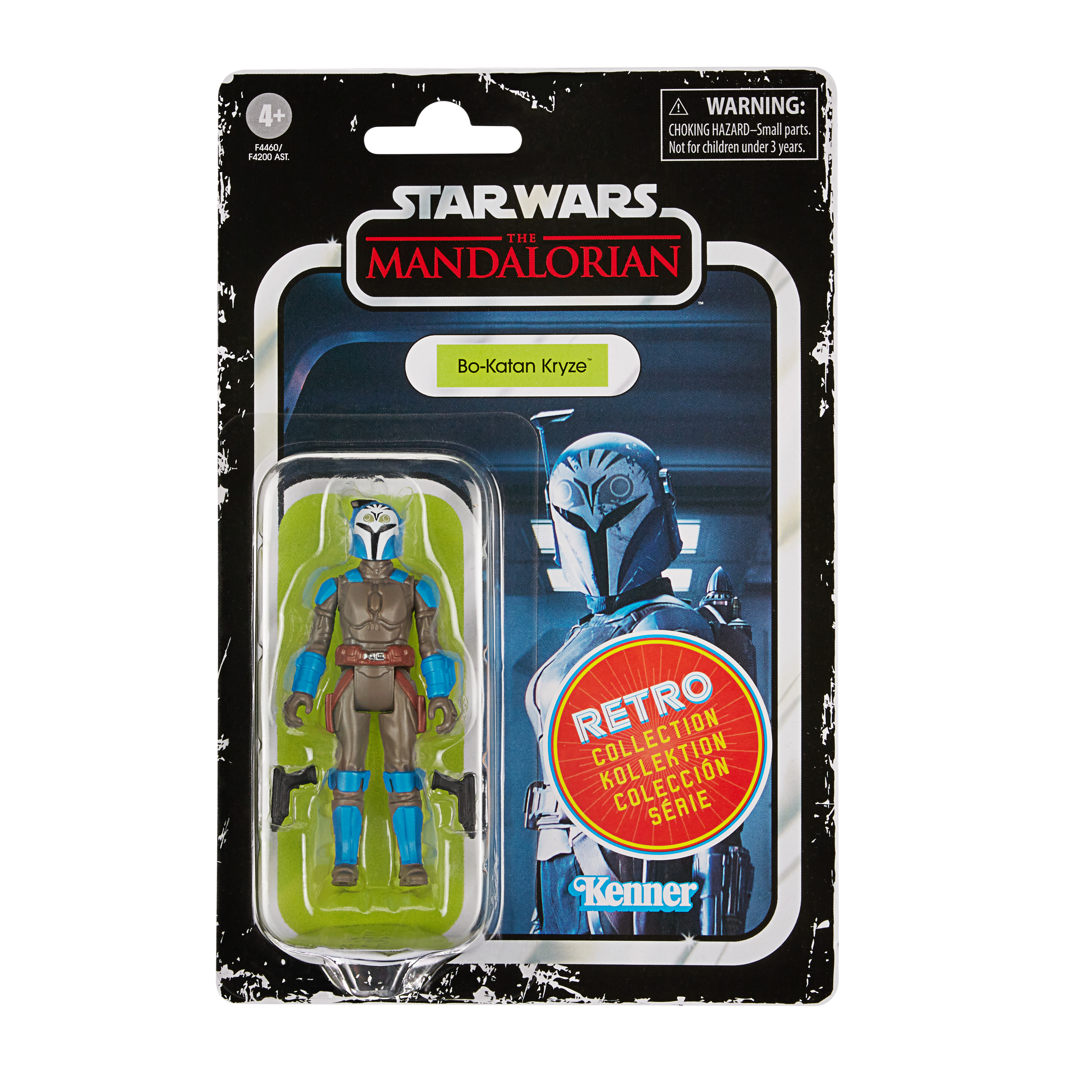 Un personaggio d'azione di Star Wars Bo-Katan Kryze in una confezione retrò. Il personaggio è blu, marrone e grigio.