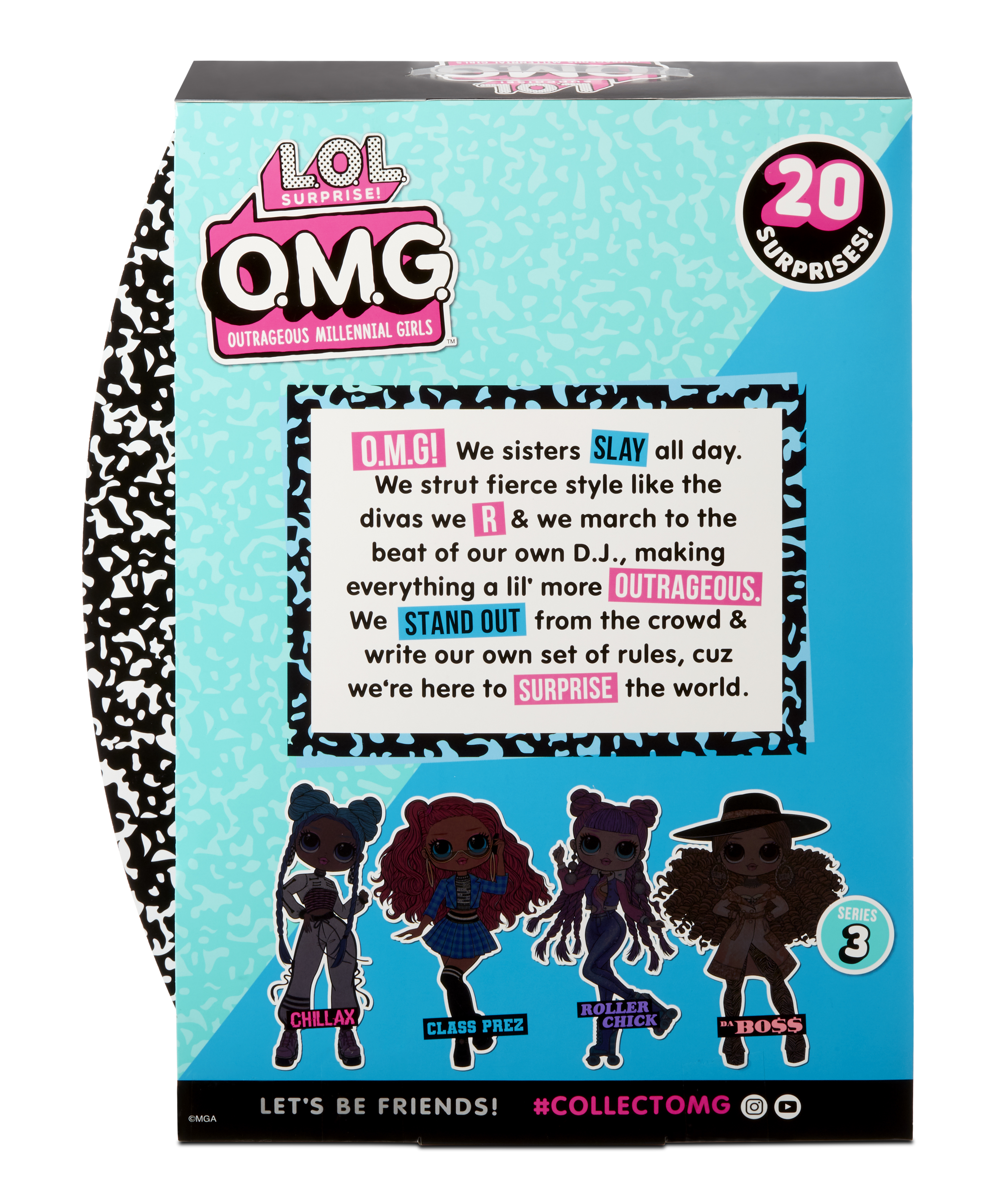 Pudełko z lalkami 'LOL OMG'. Ma tekst i zdjęcia lalek. Tło jest niebieskie z białymi plamkami. 20 niespodzianek.