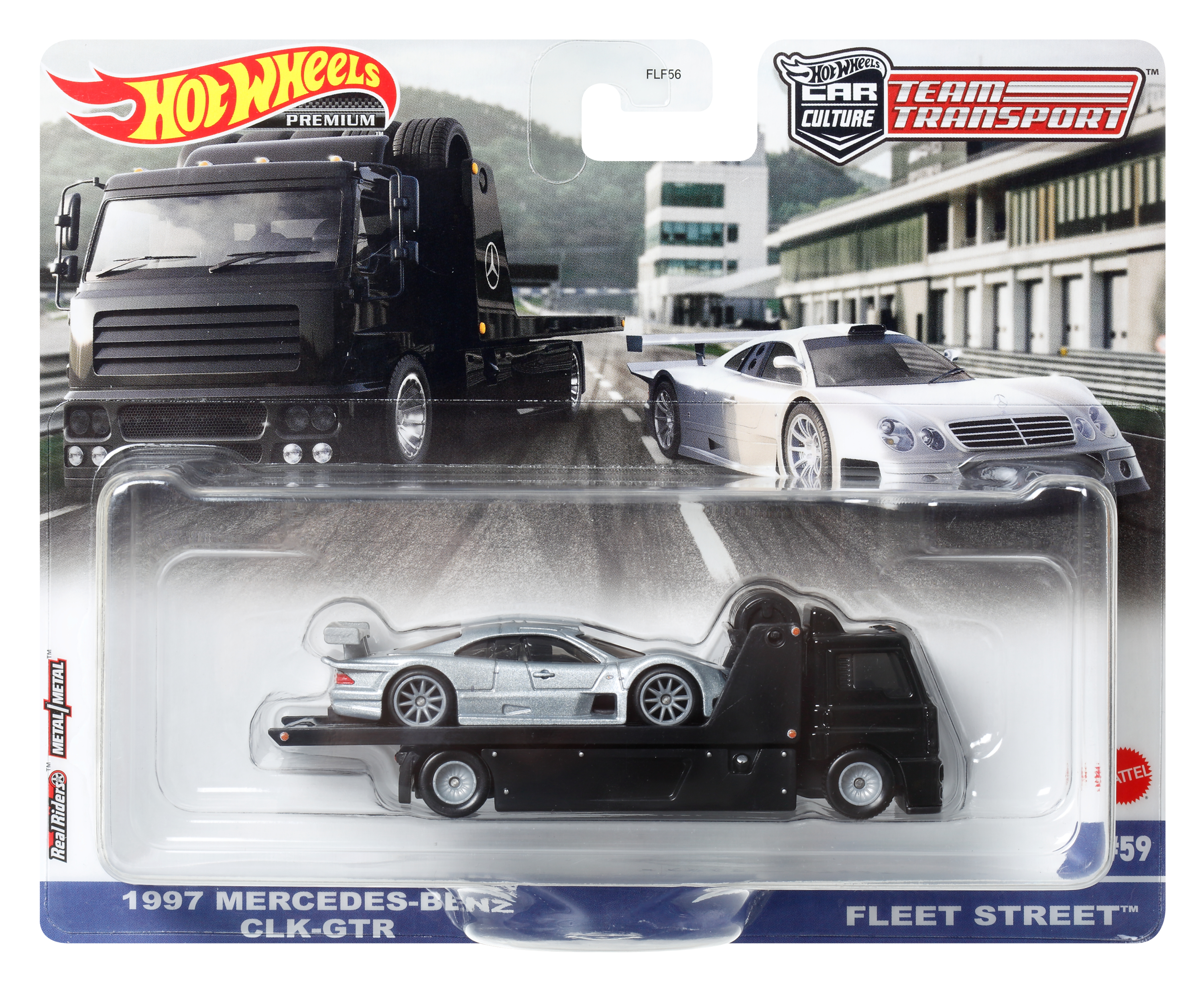Opakowanie Hot Wheels przedstawia czarną lawetę przewożącą srebrny samochód Mercedes-Benz CLK-GTR.
