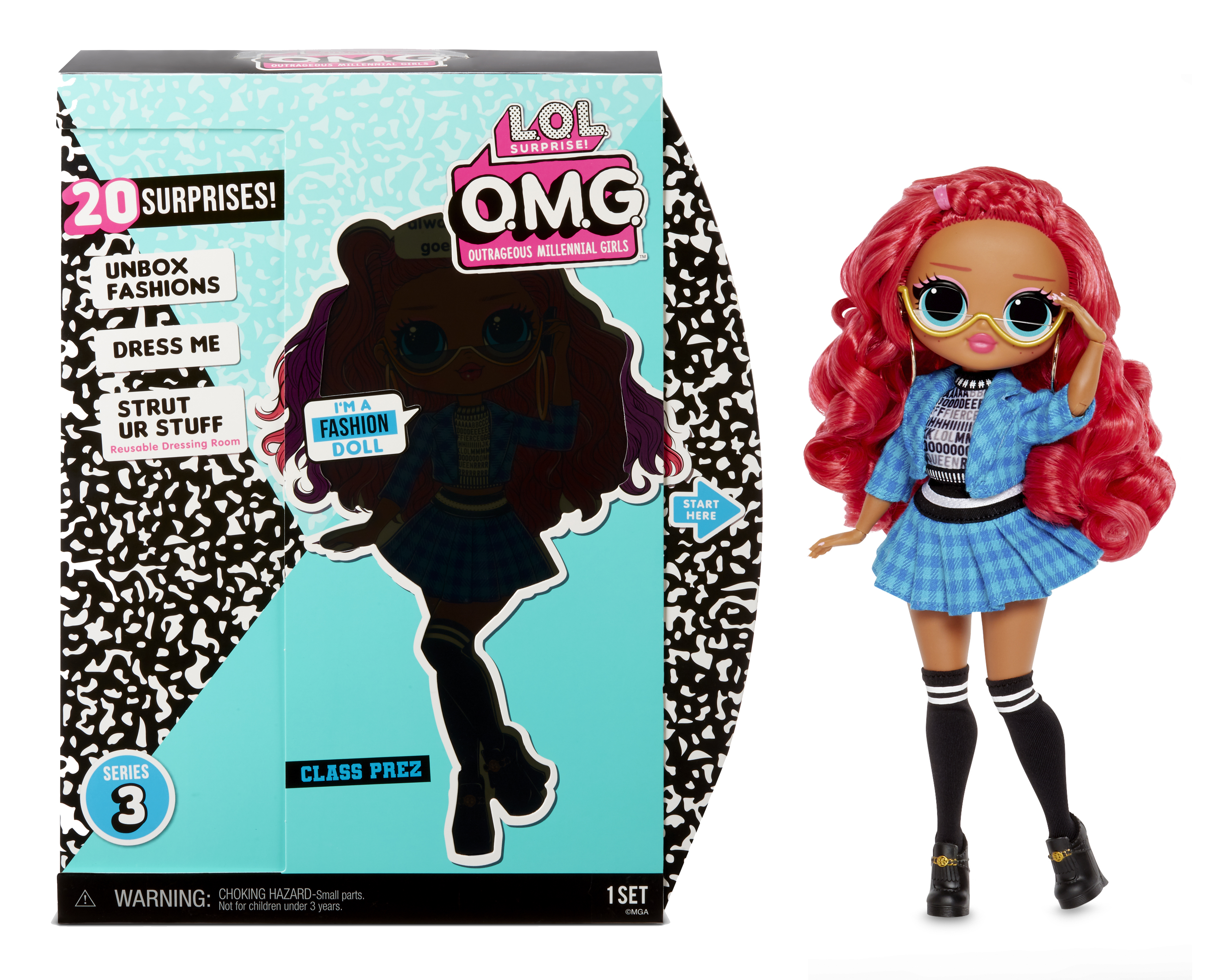 Pokazano lalkę i pudełko. Lalka ma rude włosy, okulary i niebieski strój. Pudełko ma wizerunek lalki.