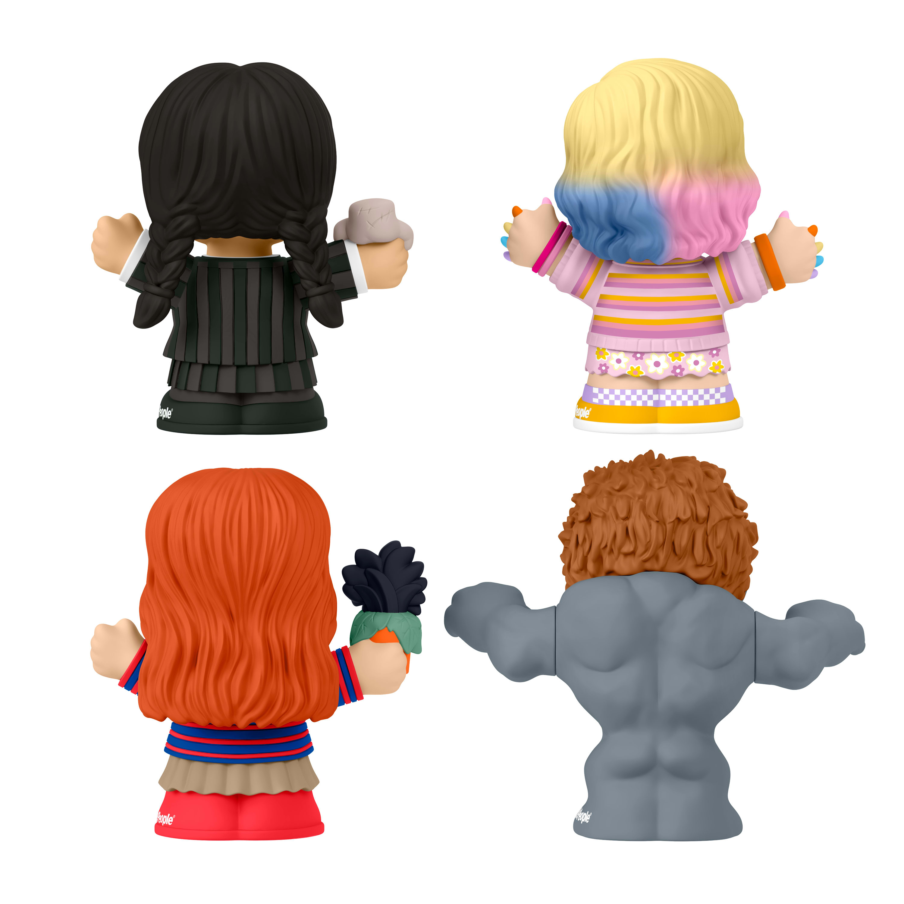 Vier farbenfrohe Figuren von hinten. Wednesday, eine Blondine mit Regenbogenhaar, rotes Haar und eine graue Figur mit braunem Haar.