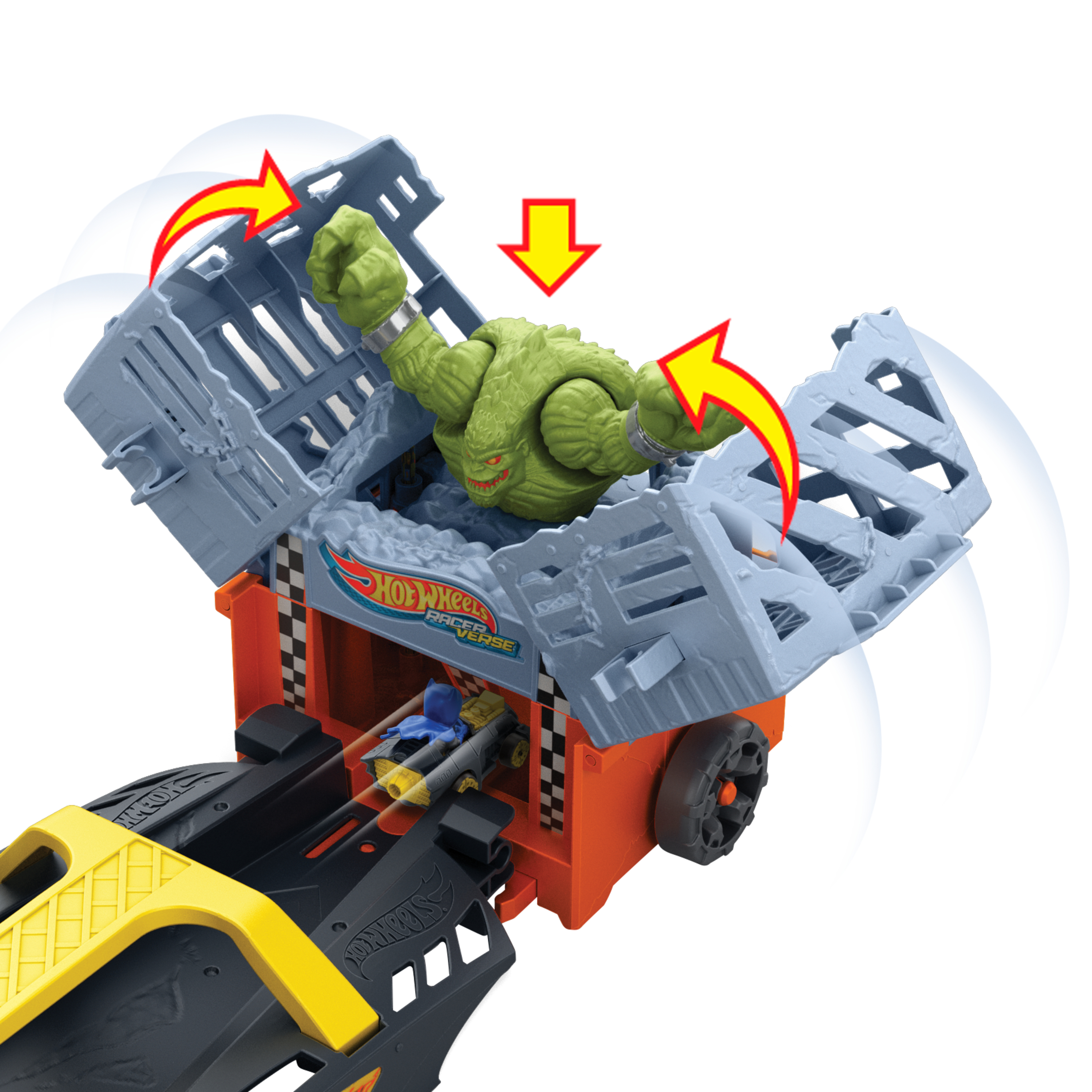 Zestaw Hot Wheels przedstawia zielonego potwora, samochody wyścigowe i mechanizm startowy ze strzałkami.