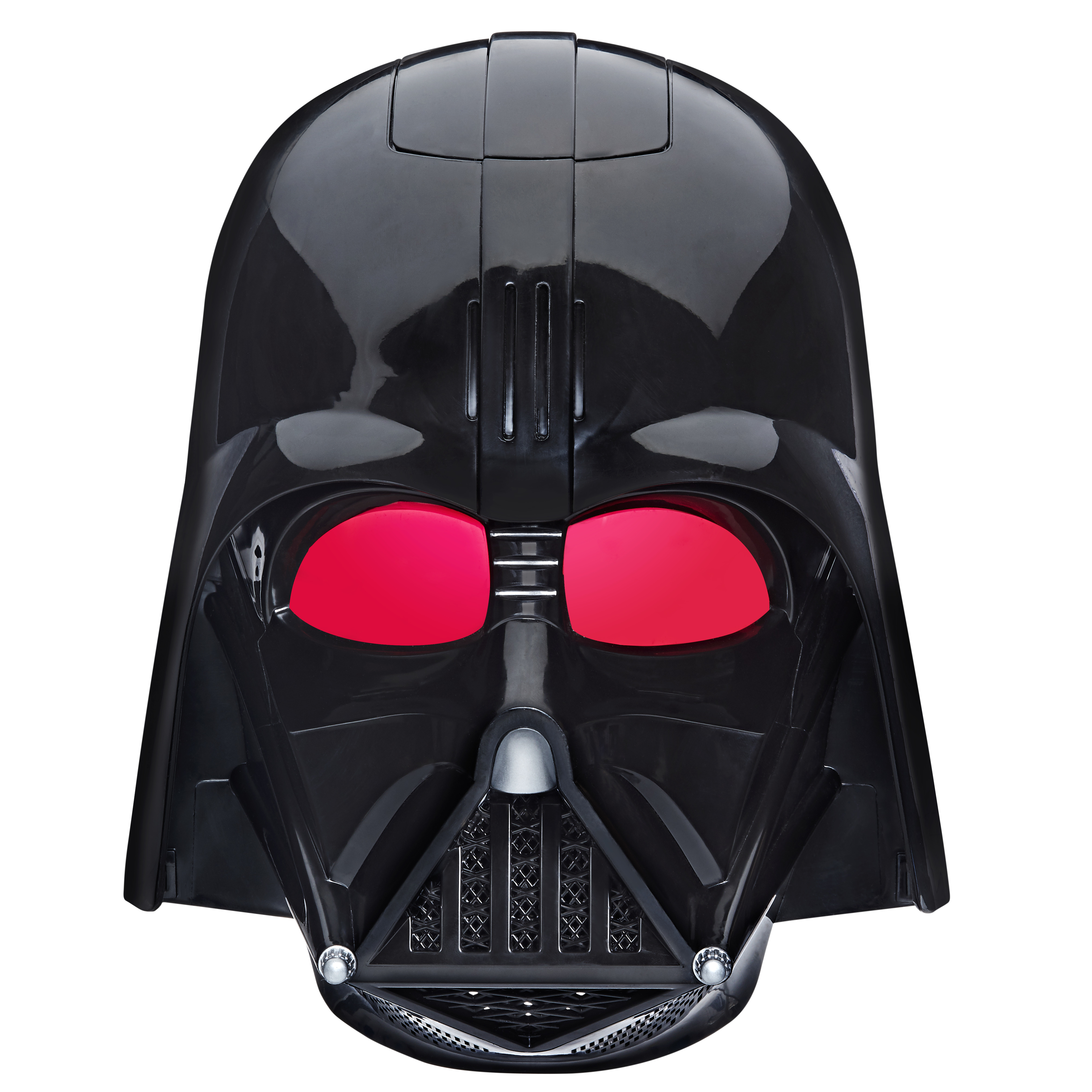 Una máscara negra de Darth Vader con lentes rojas. Tiene un acabado brillante y está sobre un fondo blanco.