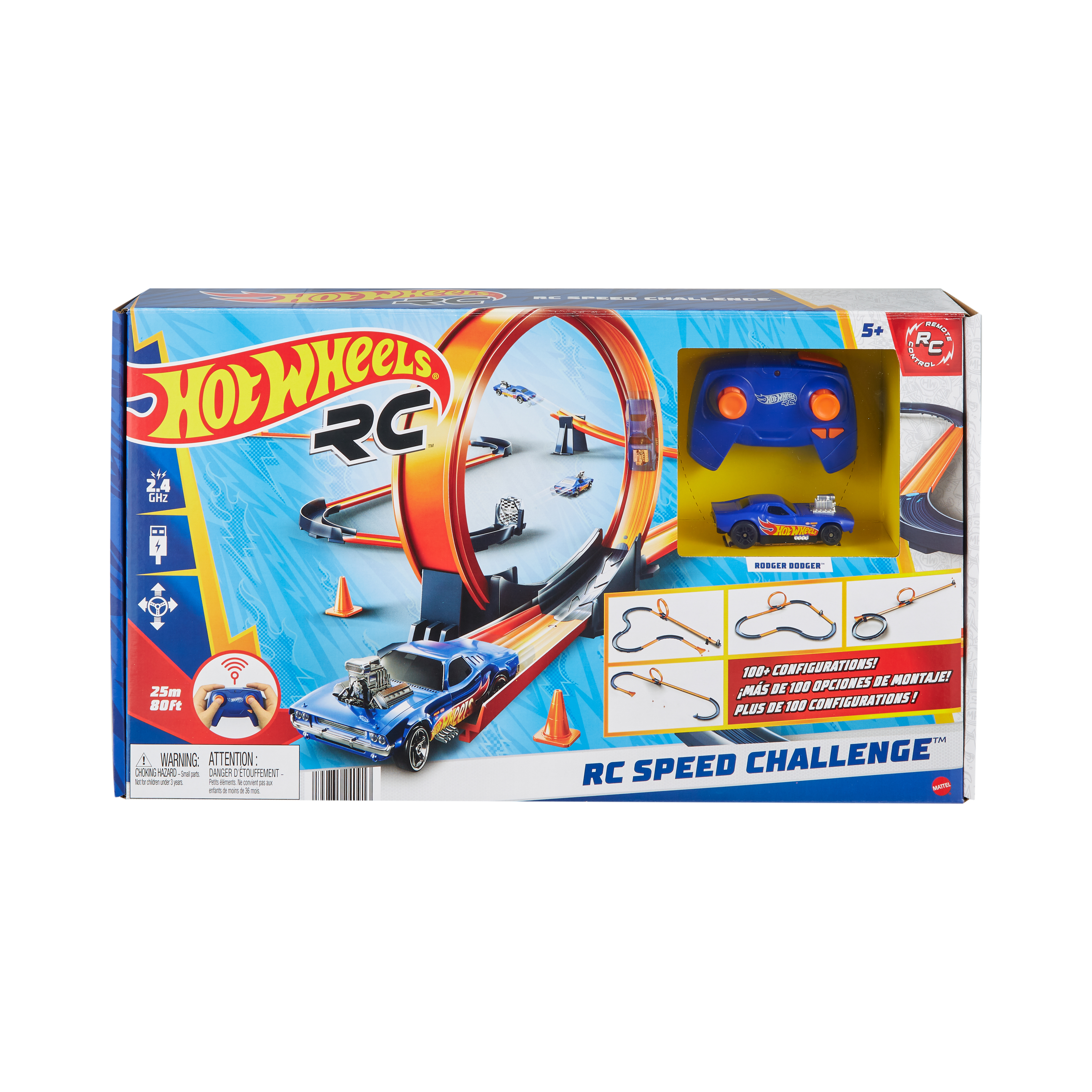 Pudełko Hot Wheels RC Speed Challenge. Pokazuje niebieski samochód, pętlę toru i pilota.